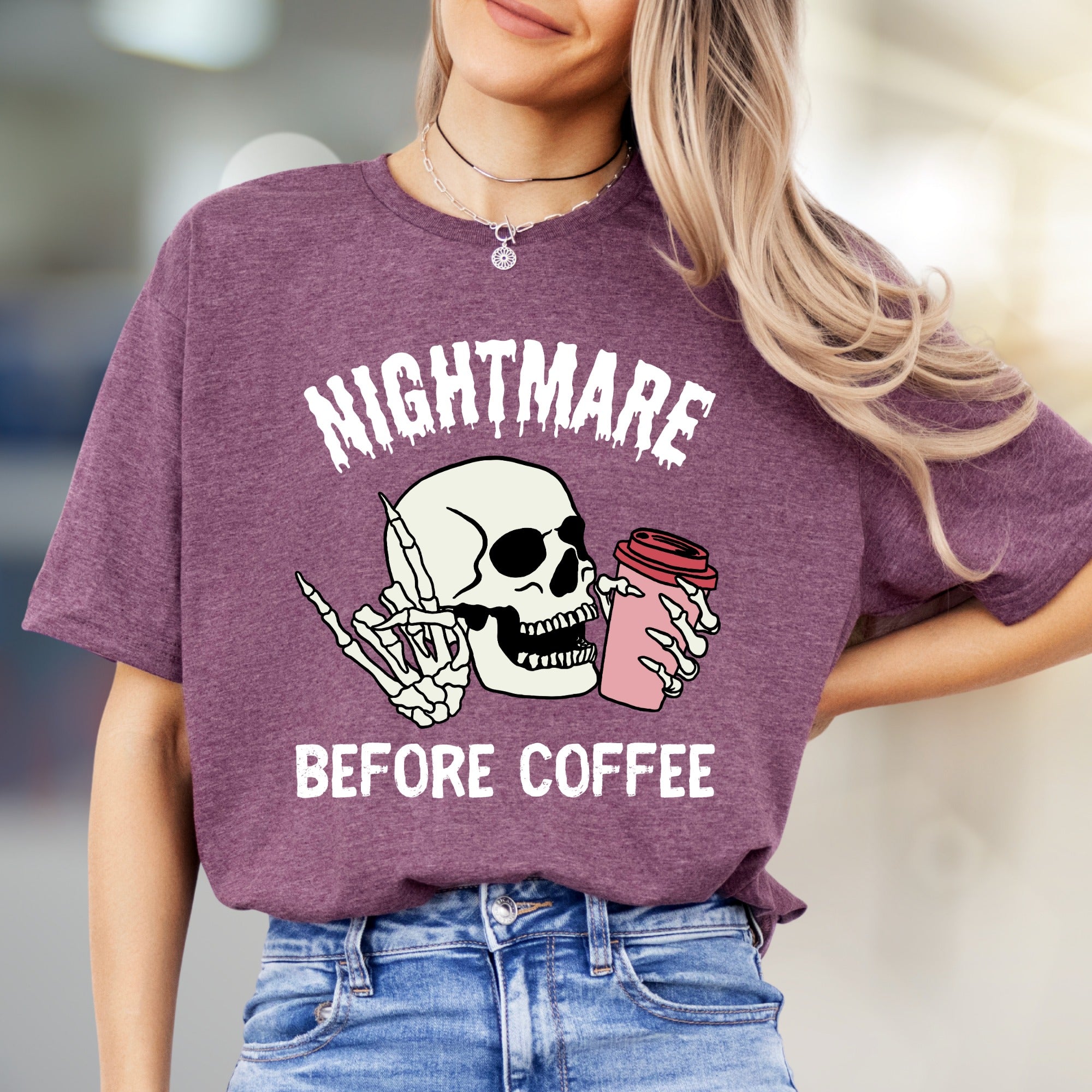 "NIGHTMARE BEFORE COFFEE" Humorous Skeleton Graphic Tee, a Witty Statement for Coffee Lovers