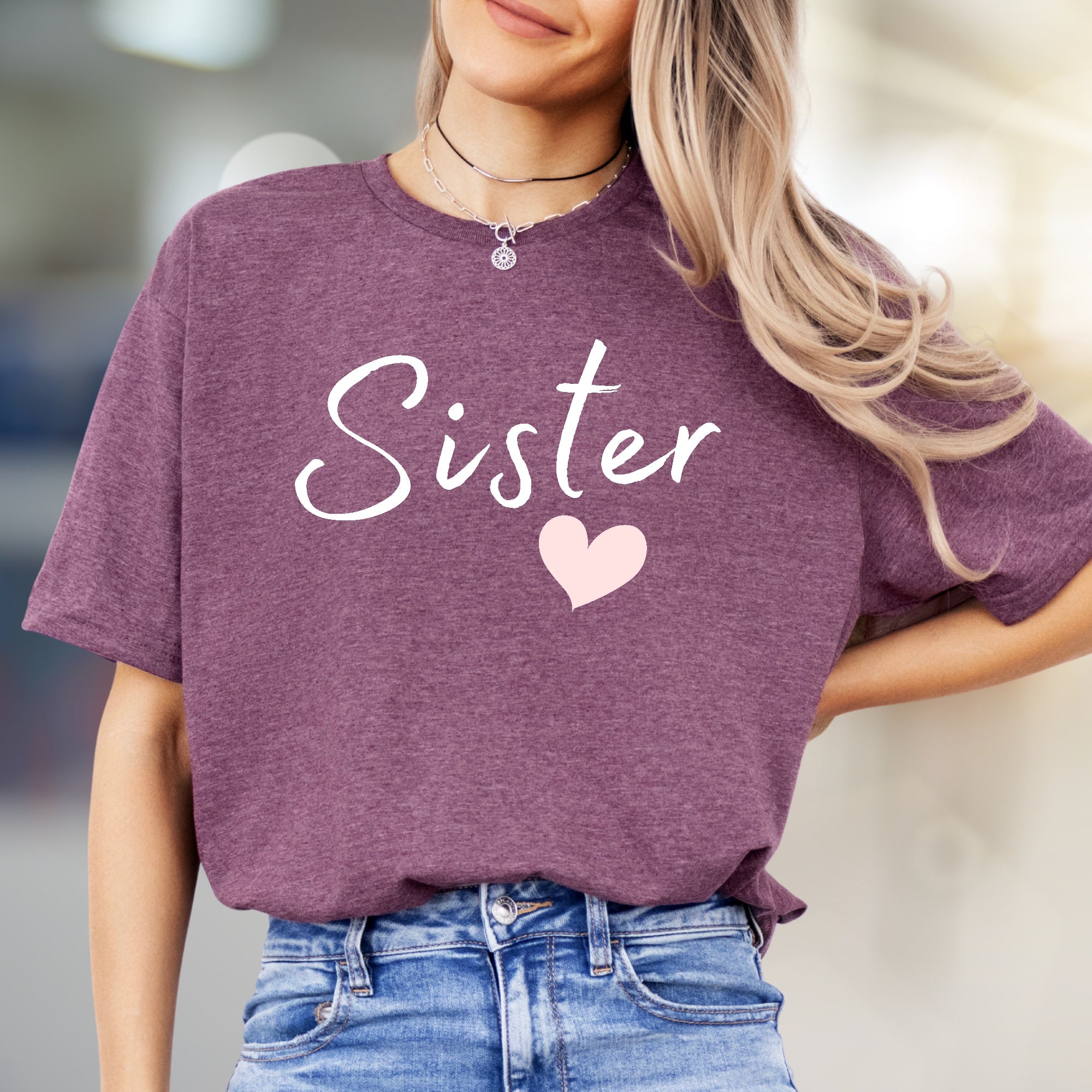 "Sister" Heart Script Graphic Tee, a Loving Pick for Family Bonds