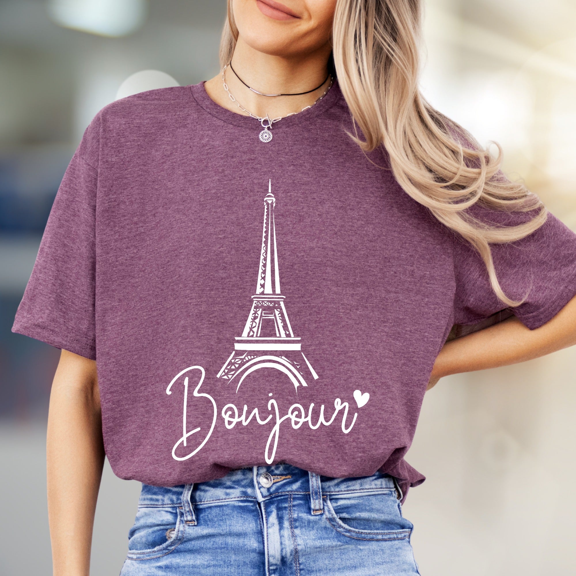 "Bonjour" Eiffel Tower Graphic Tee, a Parisian Chic Pick for Travelers