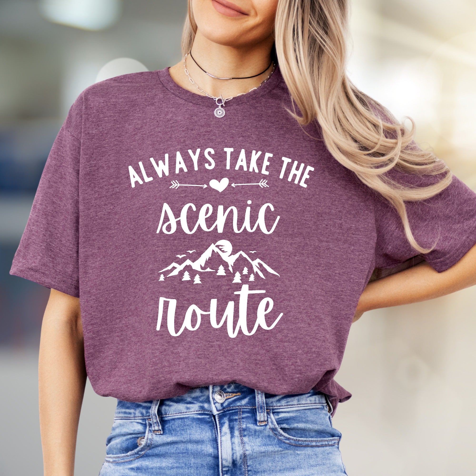 "Always Take the Scenic Route" Mountain Graphic Tee, a Nature Lover's Pick for Adventurers