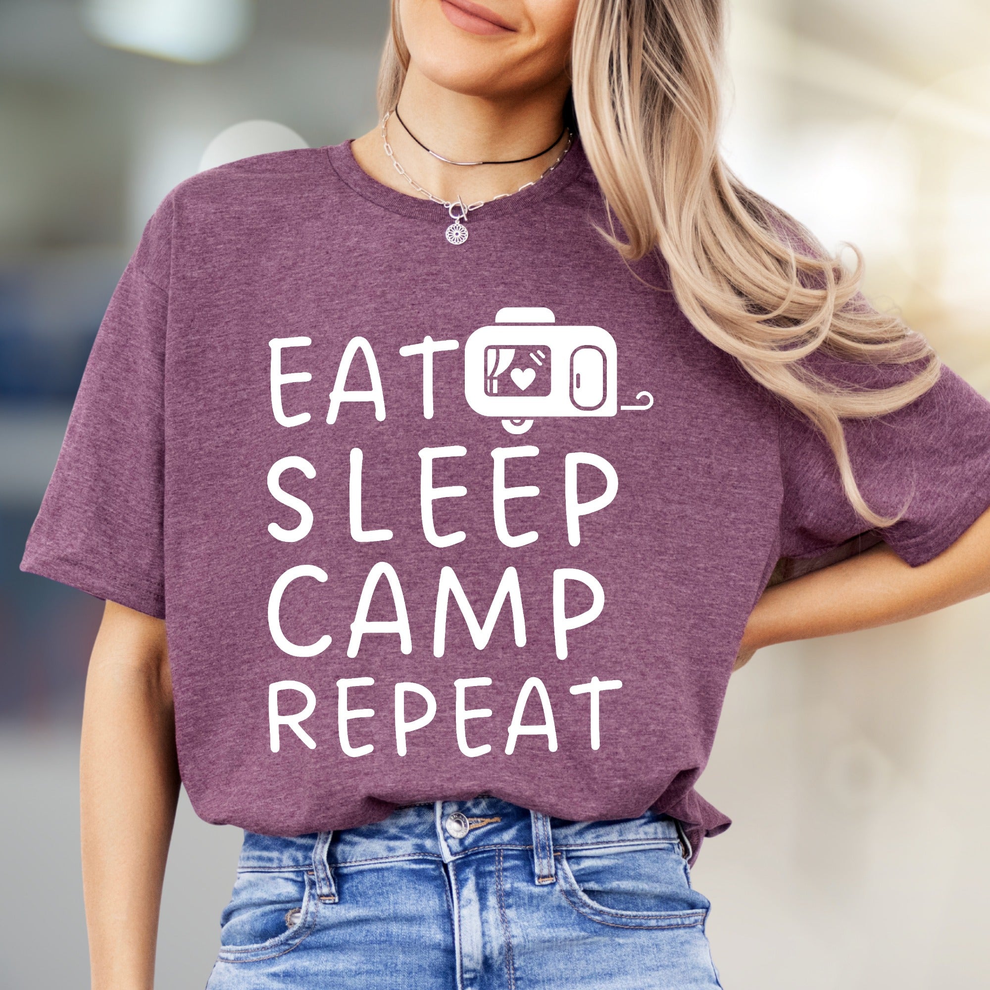 "EAT SLEEP CAMP REPEAT" Camper Graphic Tee, a Outdoorsy Pick for Enthusiasts