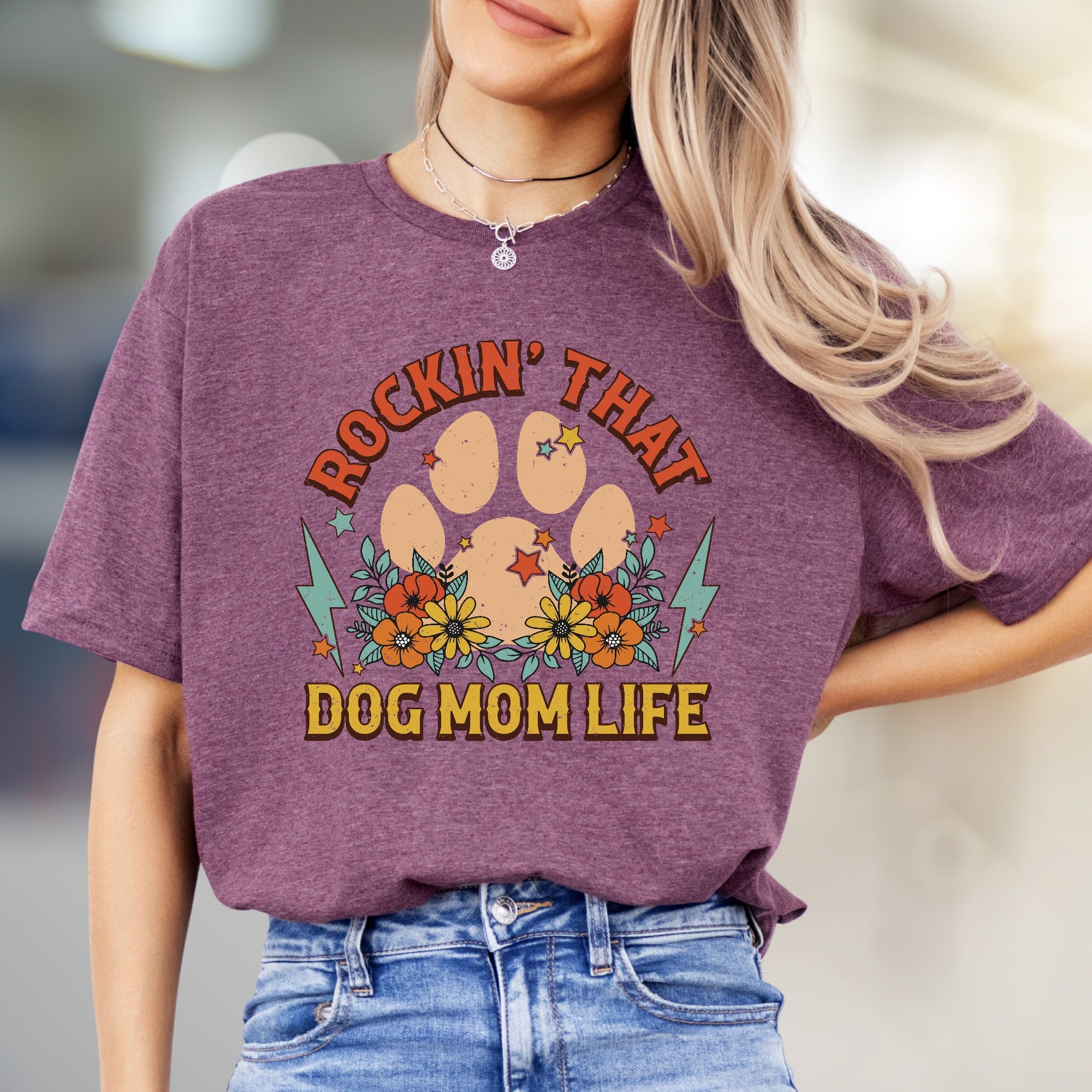 "Rockin' That Dog Mom Life" Retro Dog Mama Graphic Tee, a Paw Print Style Pick for Pet Owners