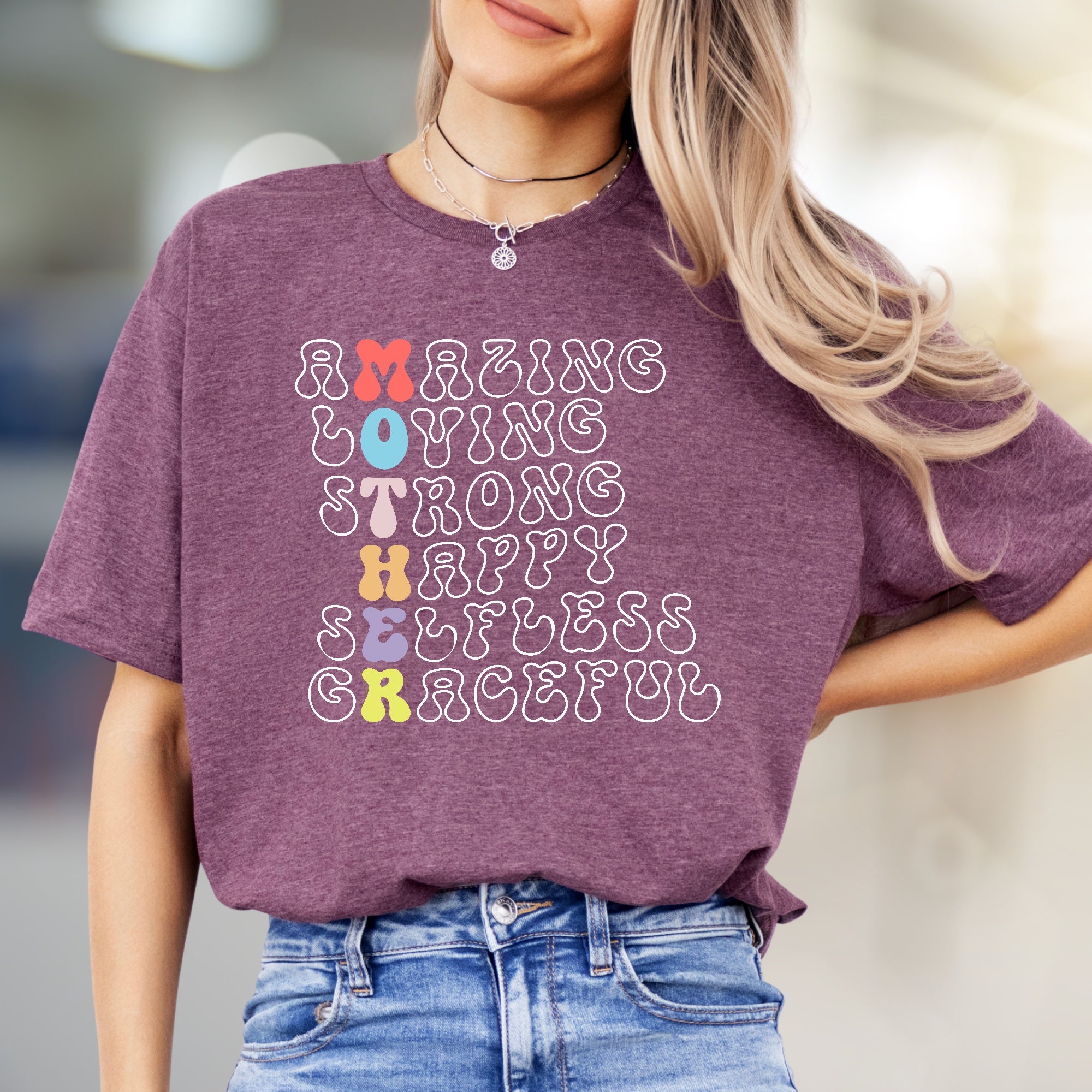 "Amazing Loving Strong Happy Selfless Graceful" Motherhood Graphic Tee, a Heartfelt Pick for Moms