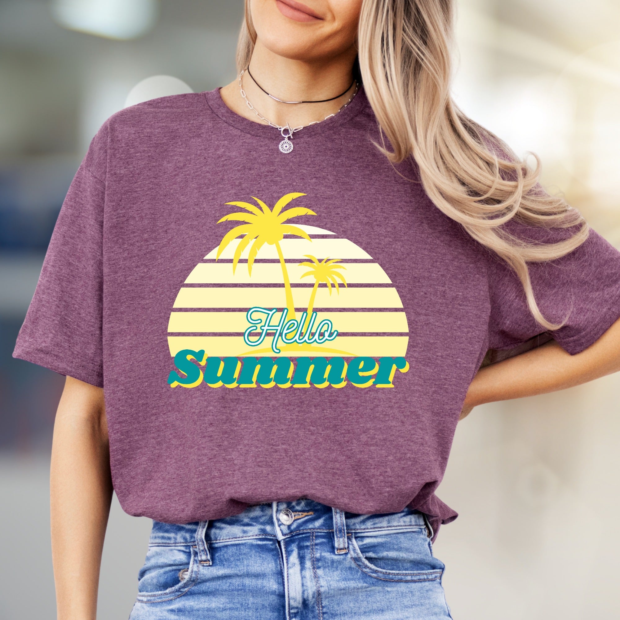 "Hello Summer" Tropical Sunset Graphic Tee, a Vacation Vibes Pick for Beach Lovers