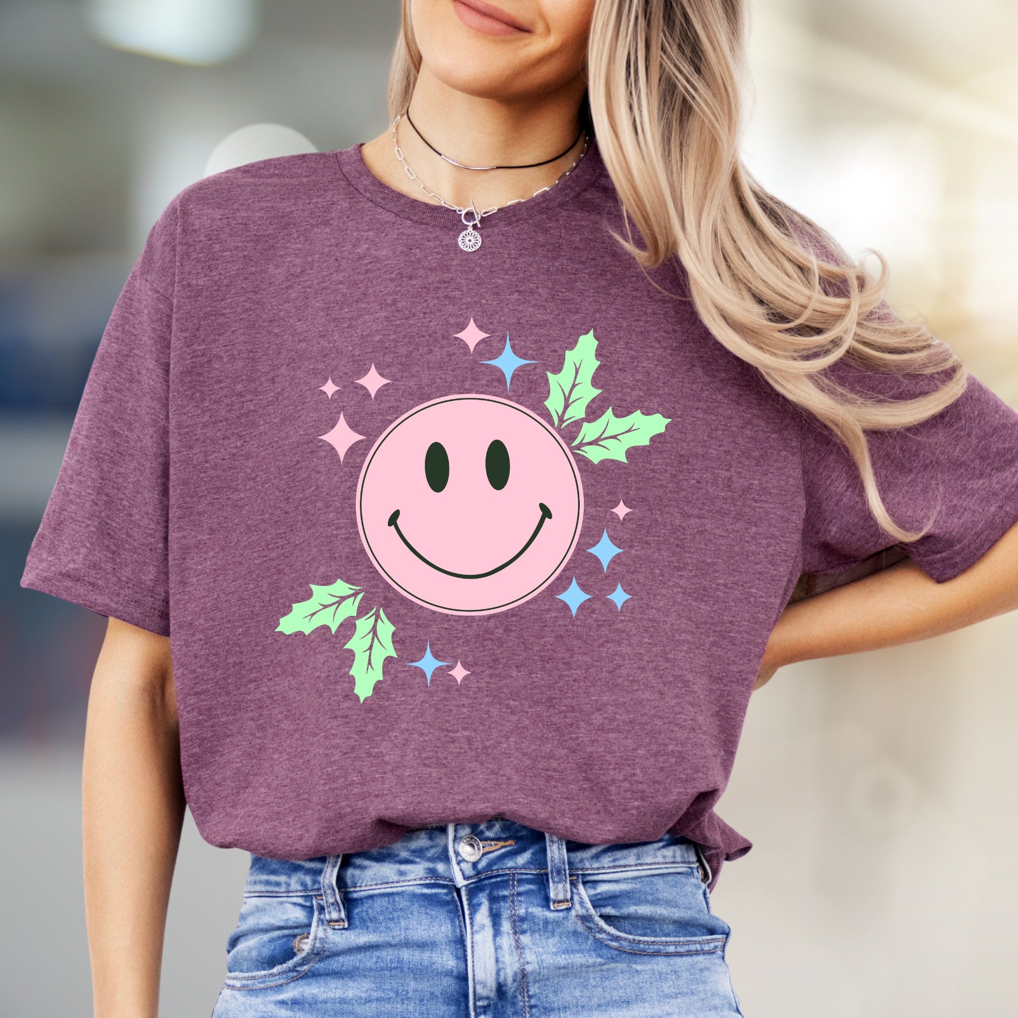 Happy Holly Jolly Smile Face Graphic Tee, a Festive Comfort Pick for Joyful Spirits