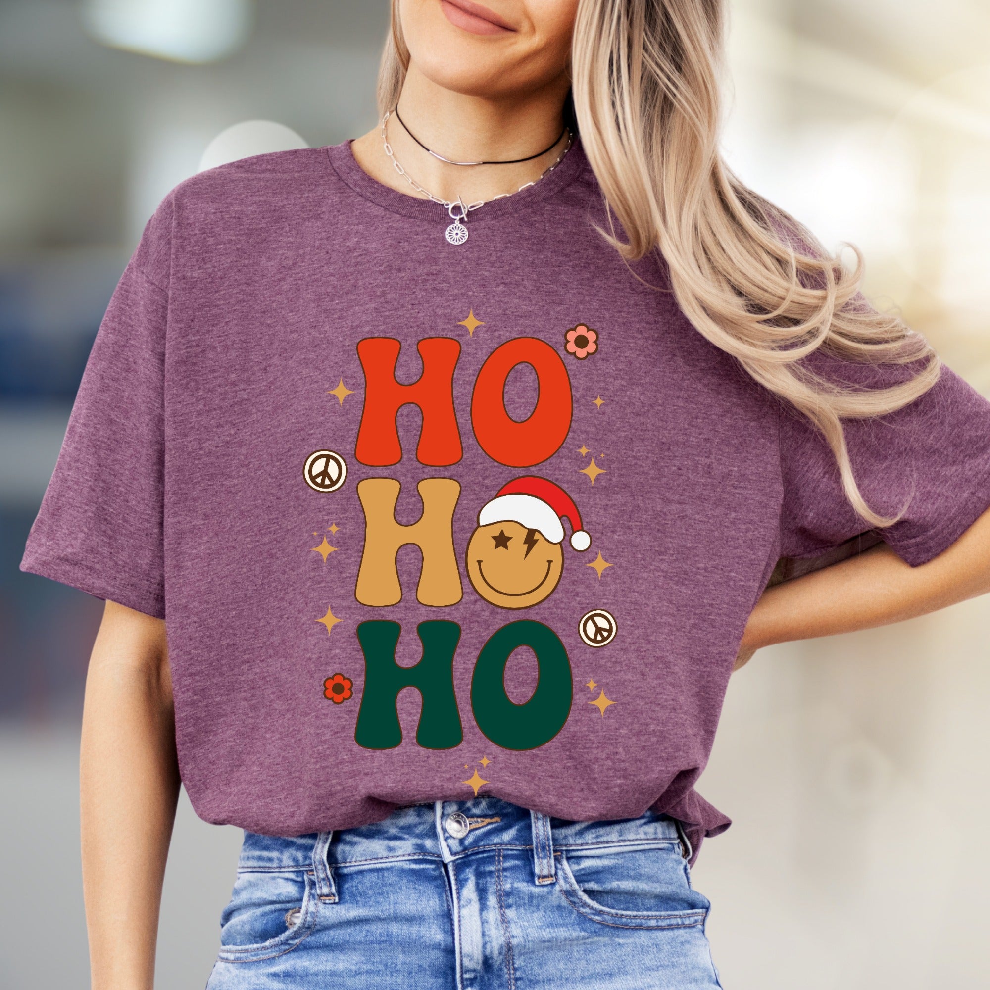 "HO HO HO" Retro Smiley Graphic Tee, a Festive Holiday Pick for Merrymakers