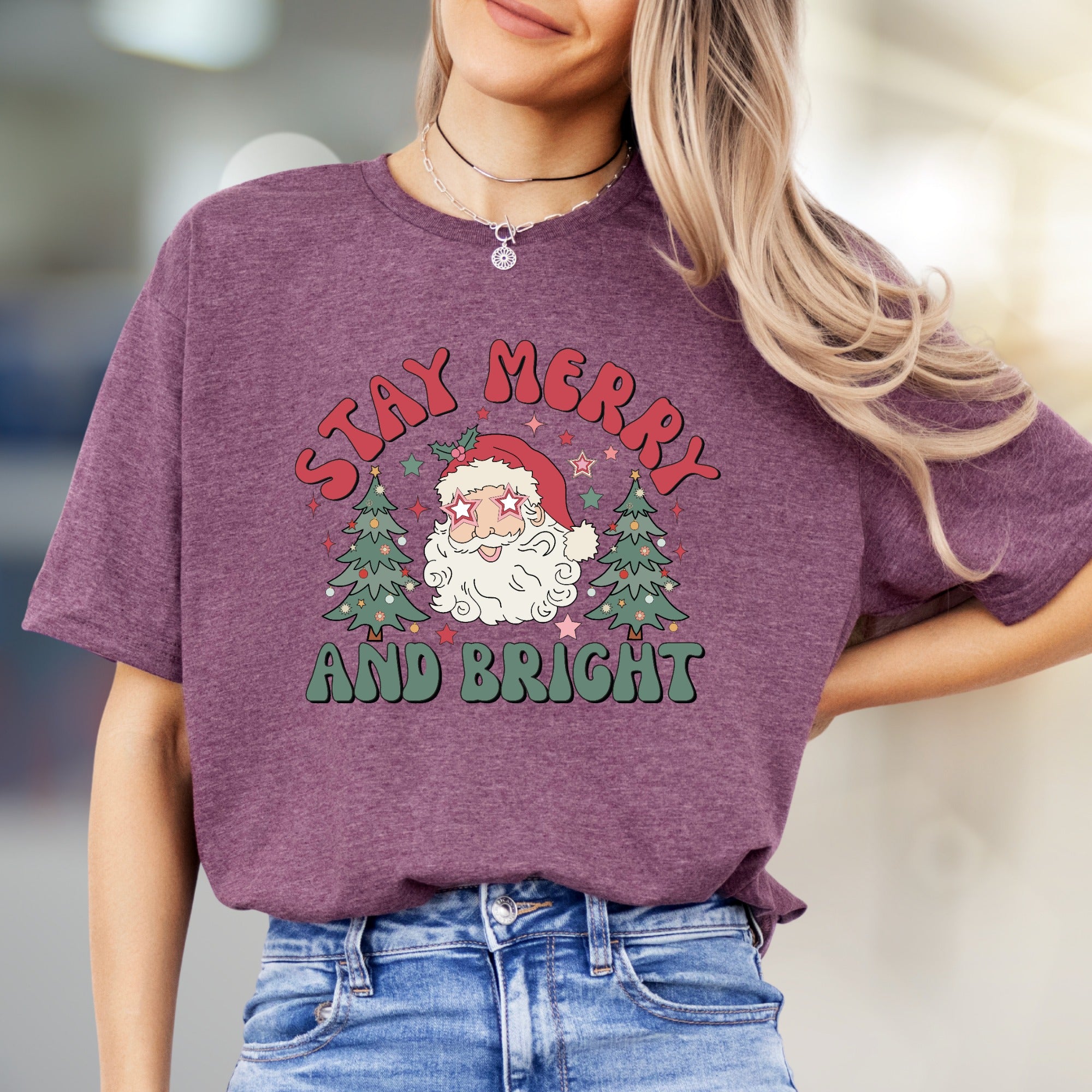 "Stay Merry and Bright" Festive Santa Graphic Tee, a Retro Christmas Pick for Holiday Lovers