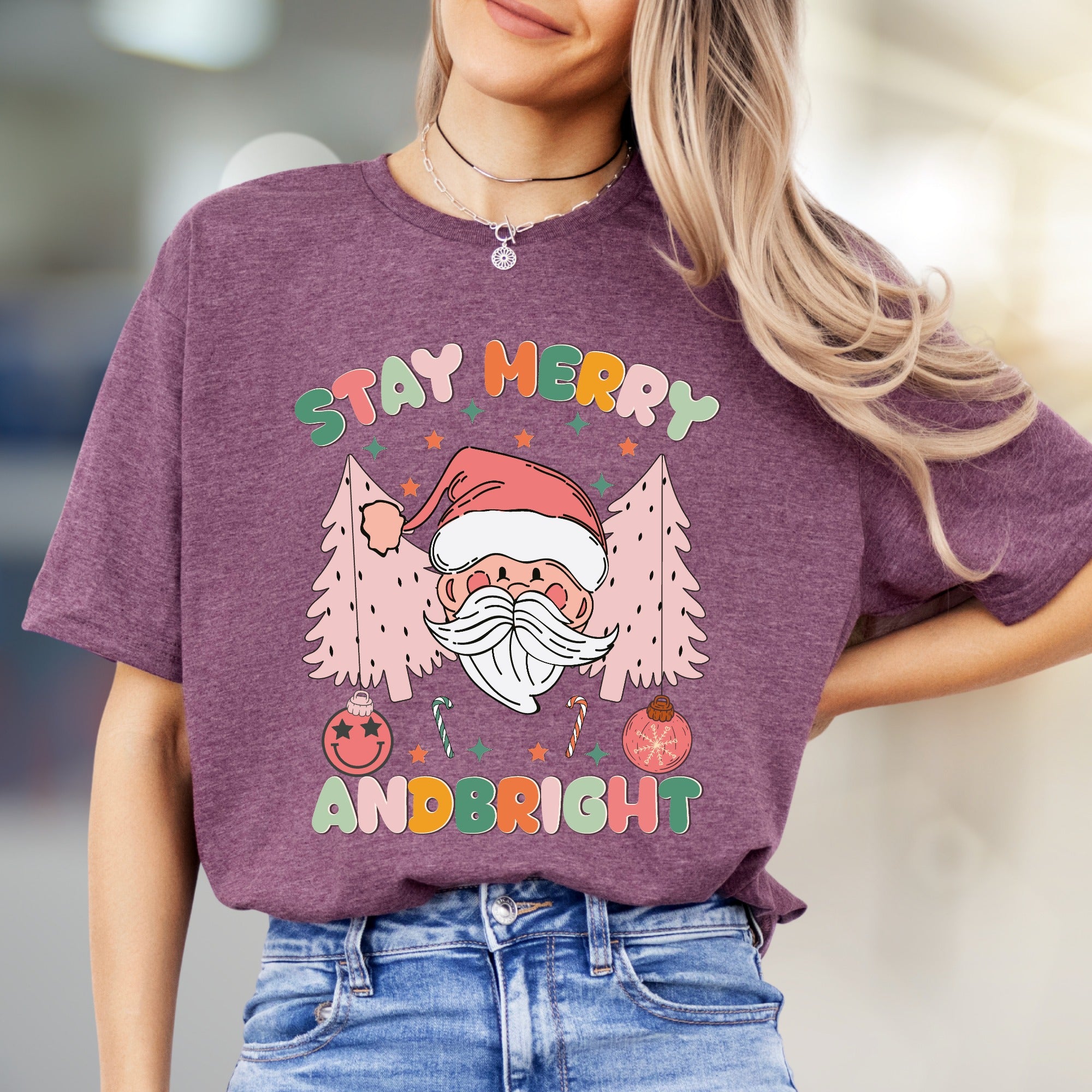 "Stay Merry and Bright" Festive Santa Graphic Tee, a Whimsical Holiday Pick for Everyone