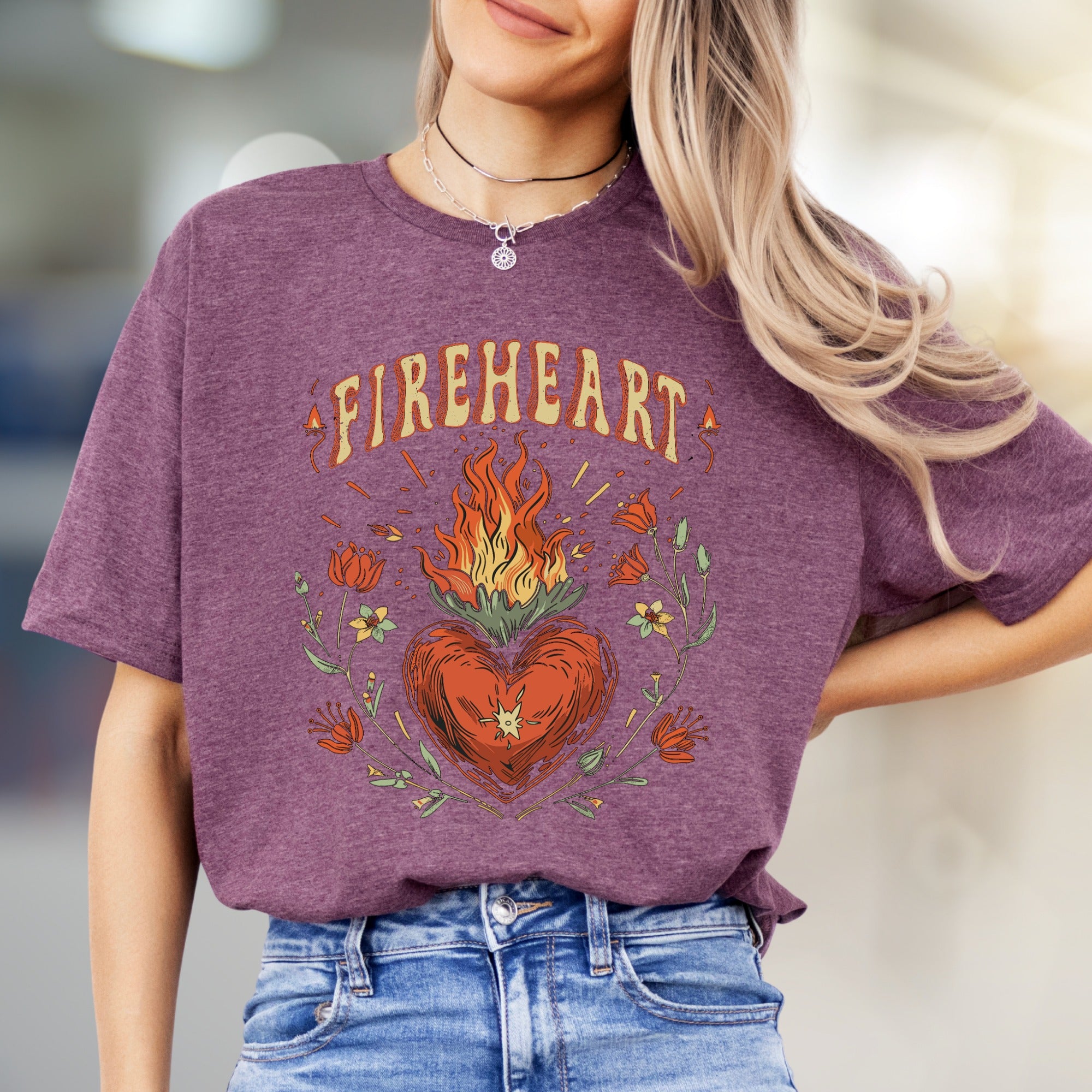 "FIREHEART" Mystical Bloom Graphic Tee, a Boho Chic Pick for Free Spirits