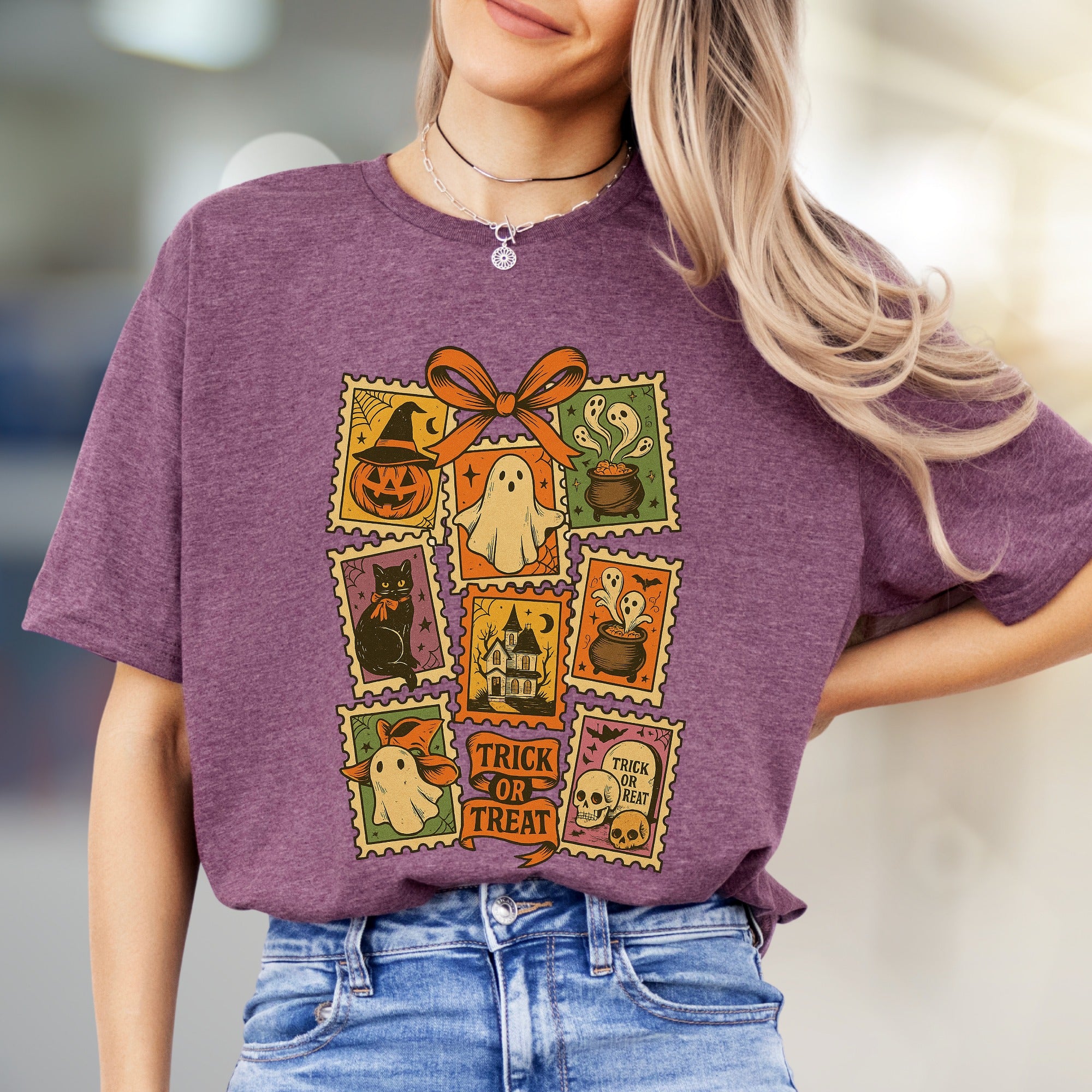 "TRICK OR TREAT" Vintage Halloween Stamp Graphic Tee, a Spooky Pick for Festive Souls