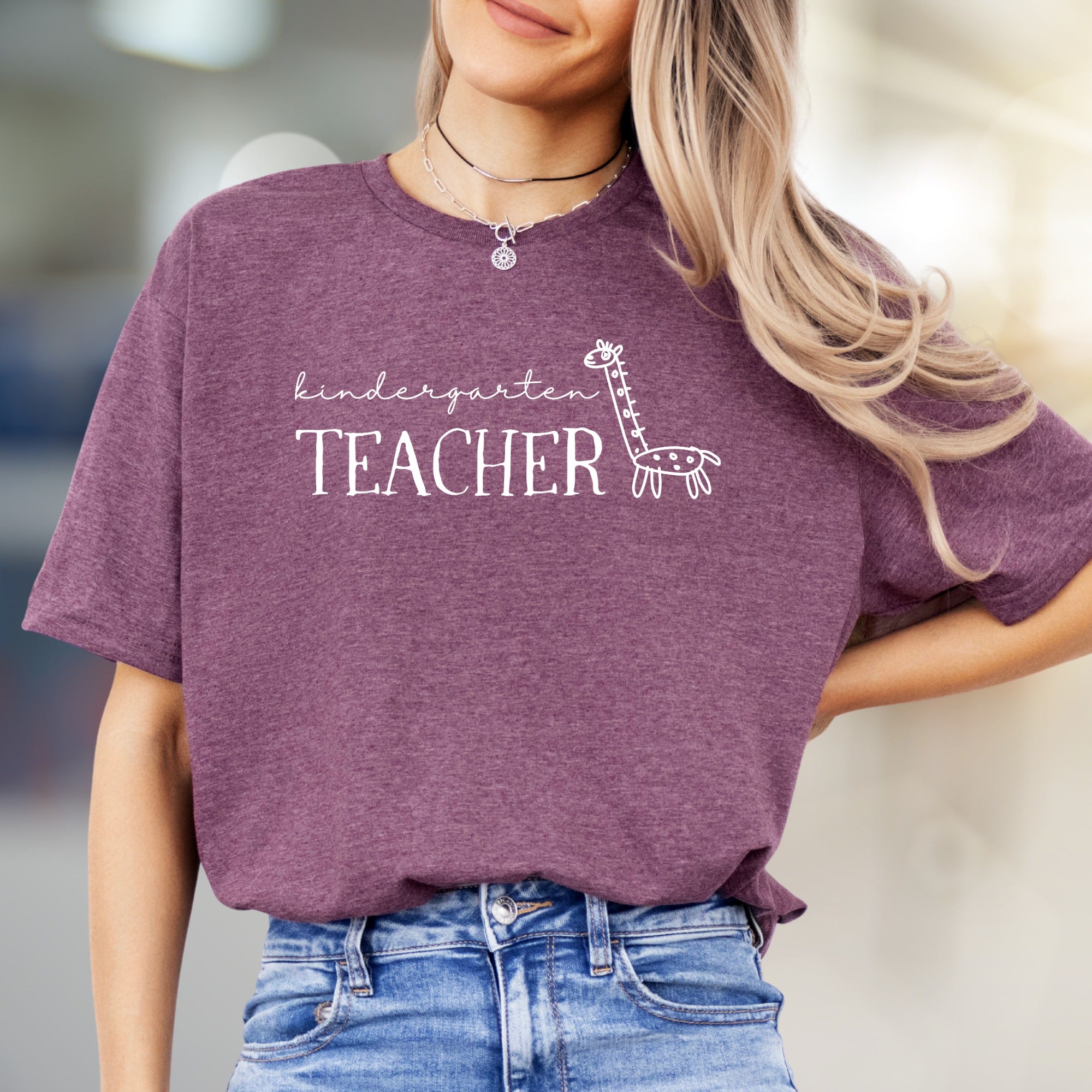 "Kindergarten Teacher" Giraffe Graphic Tee, a Heartfelt Pick for Educators