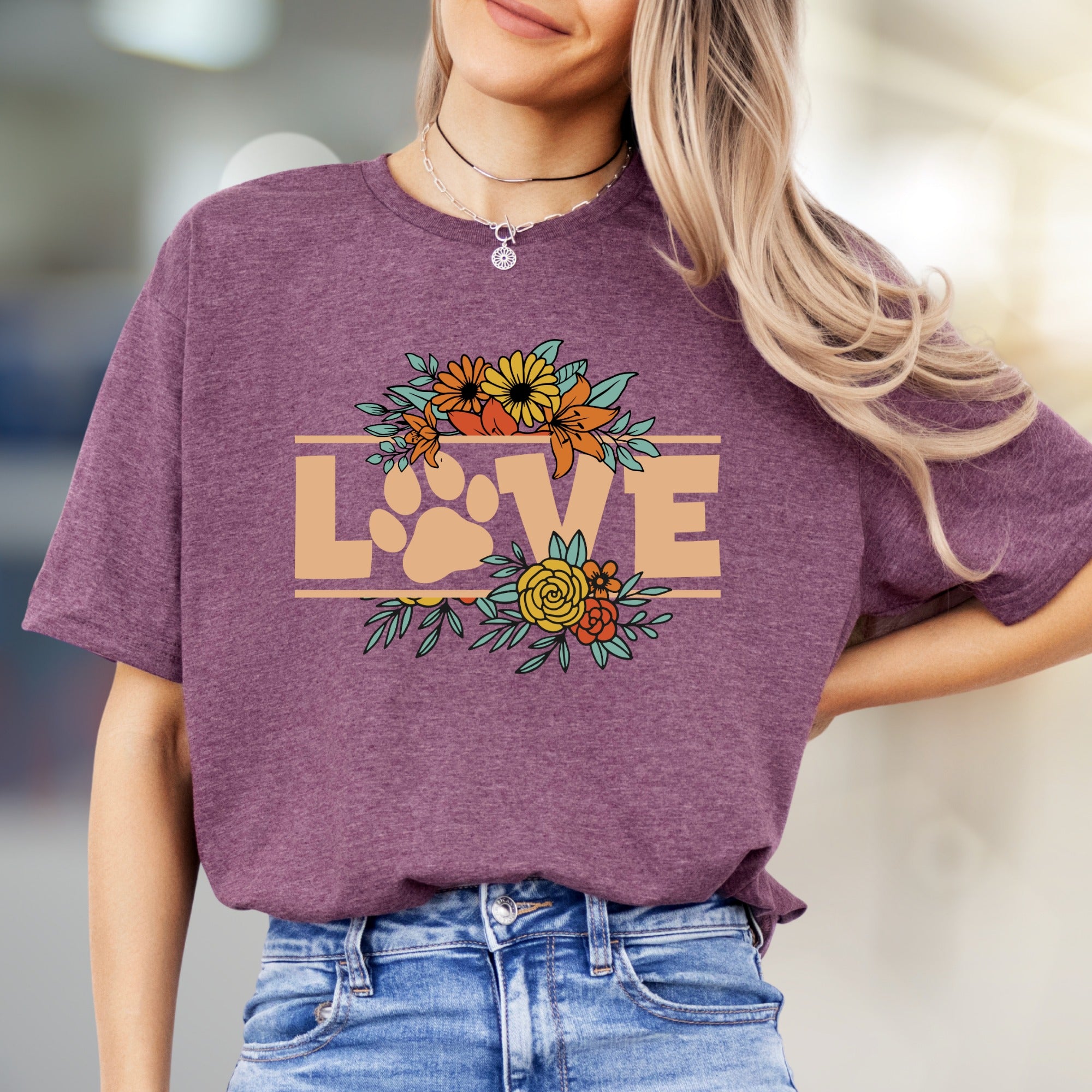 "LOVE" Floral Paw Print Graphic Tee, a Bohemian Pet Lover's Pick for Everyday Style