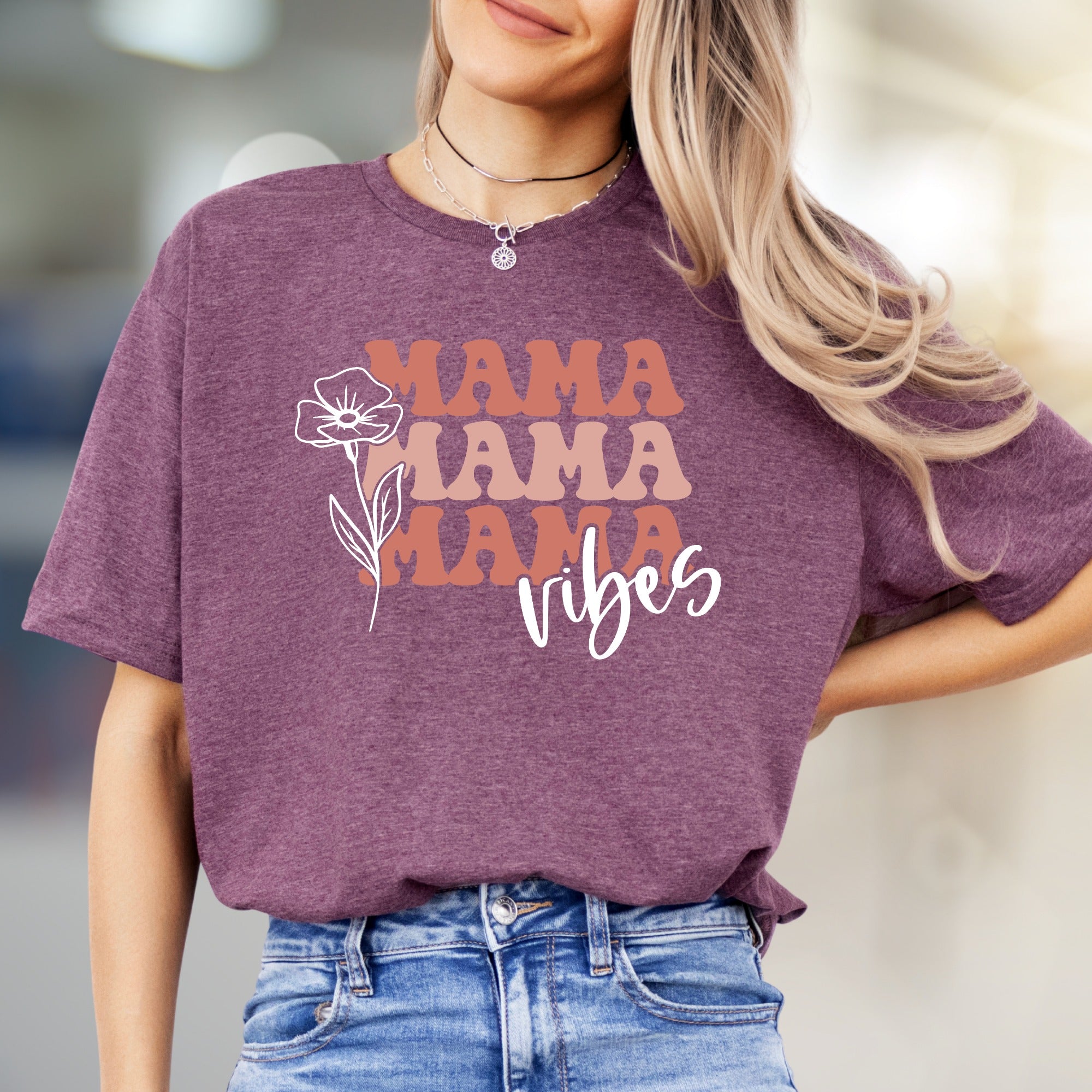 "Mama Mama Mama Vibes" Floral Graphic Tee, a Boho Chic Pick for Trendy Moms