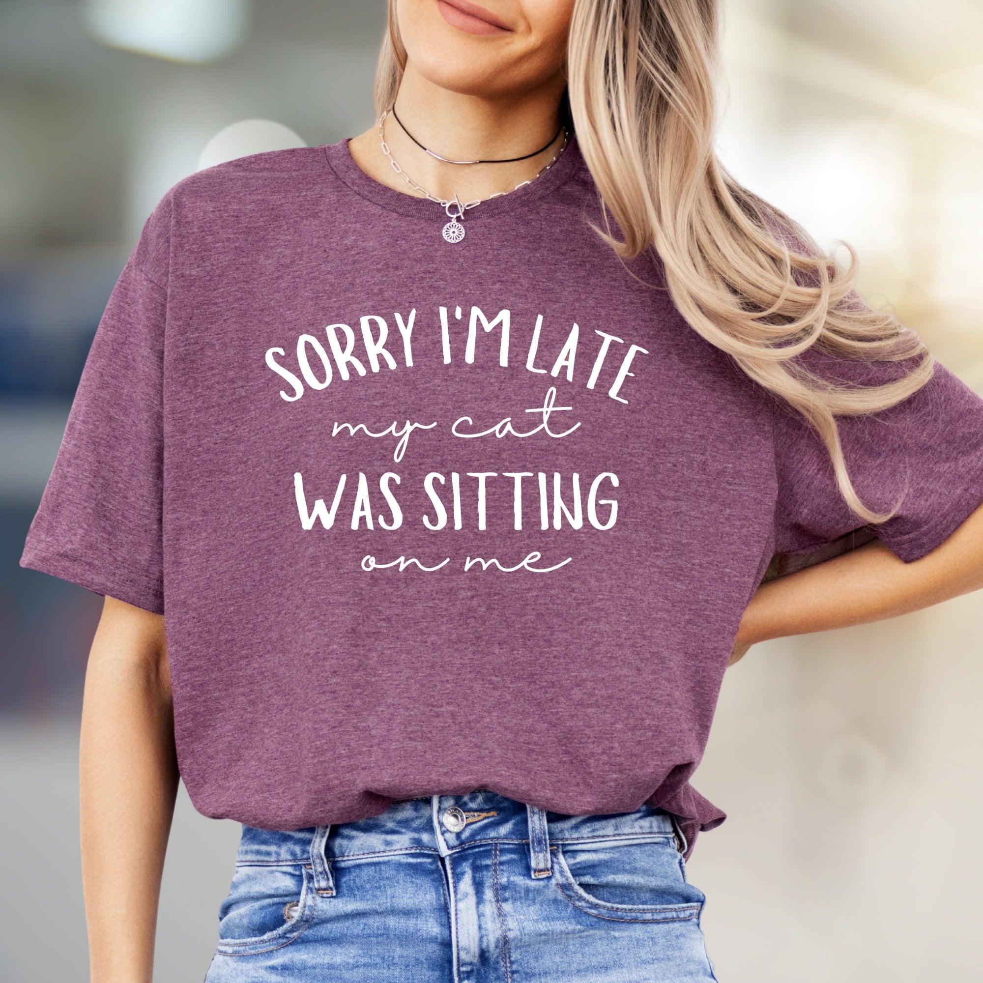 "Sorry I'm Late My Cat Was Sitting On Me" Funny Cat Graphic Tee, A Relatable Pet Lover Pick for Everyday Humor