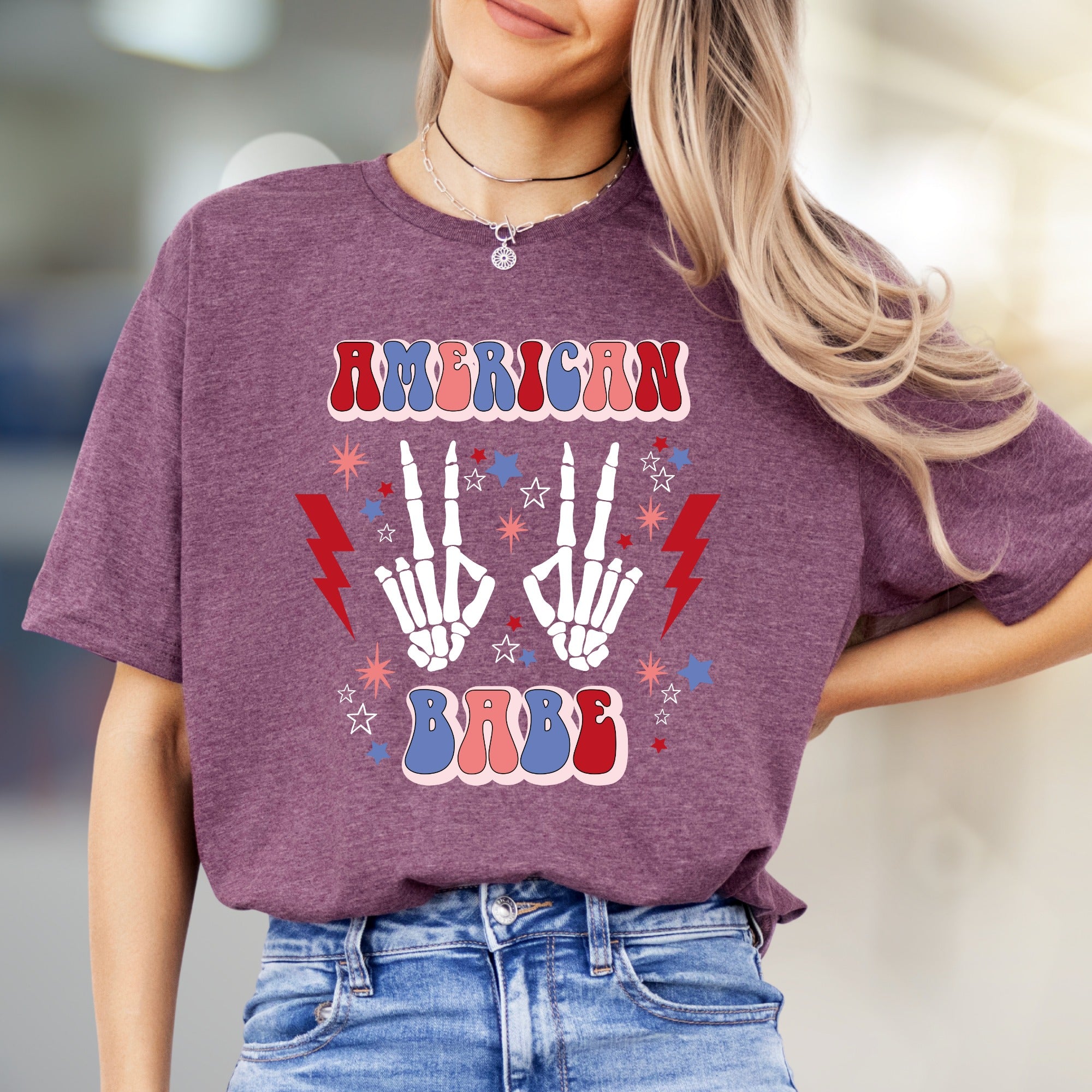 "AMERICAN BABE" Retro Patriotic Skeleton Tee, a Groovy Pick for Free Spirits