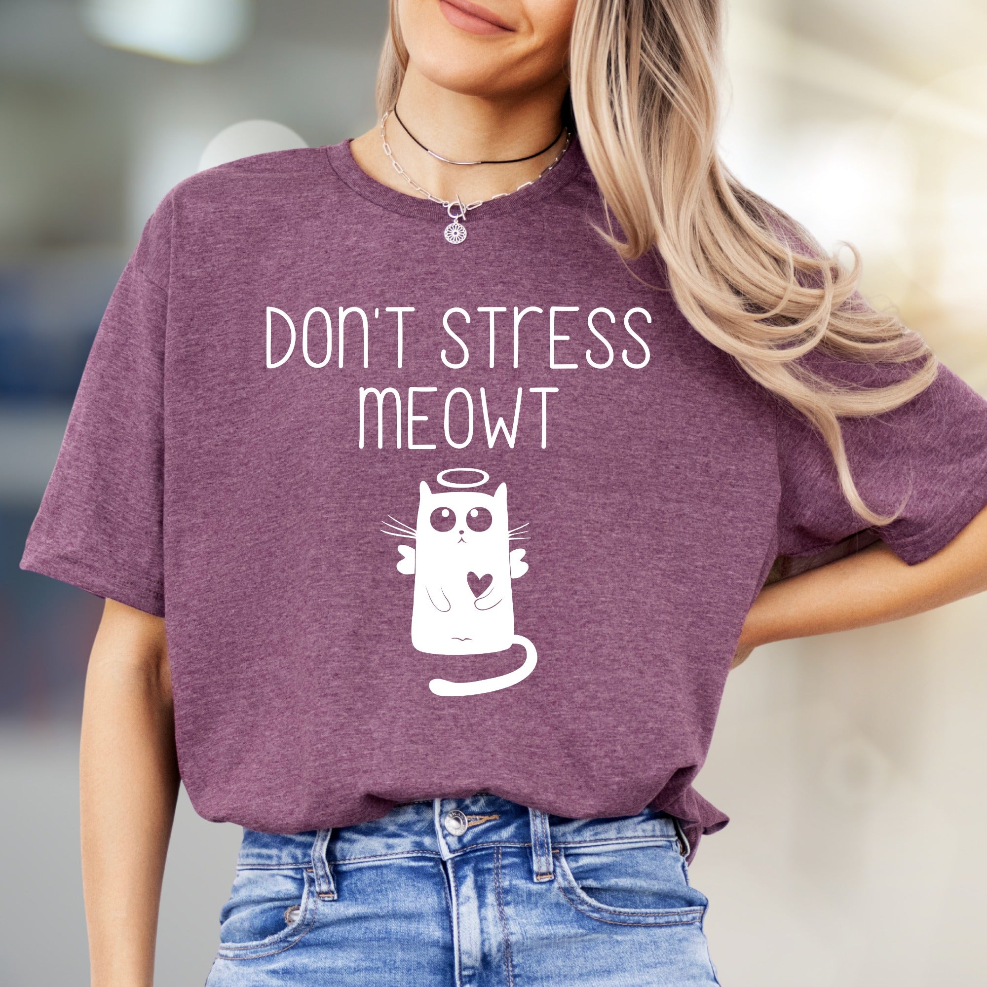 "Don't Stress Meowt" Angel Cat Graphic Tee, a Whimsical Pick for Cat Lovers