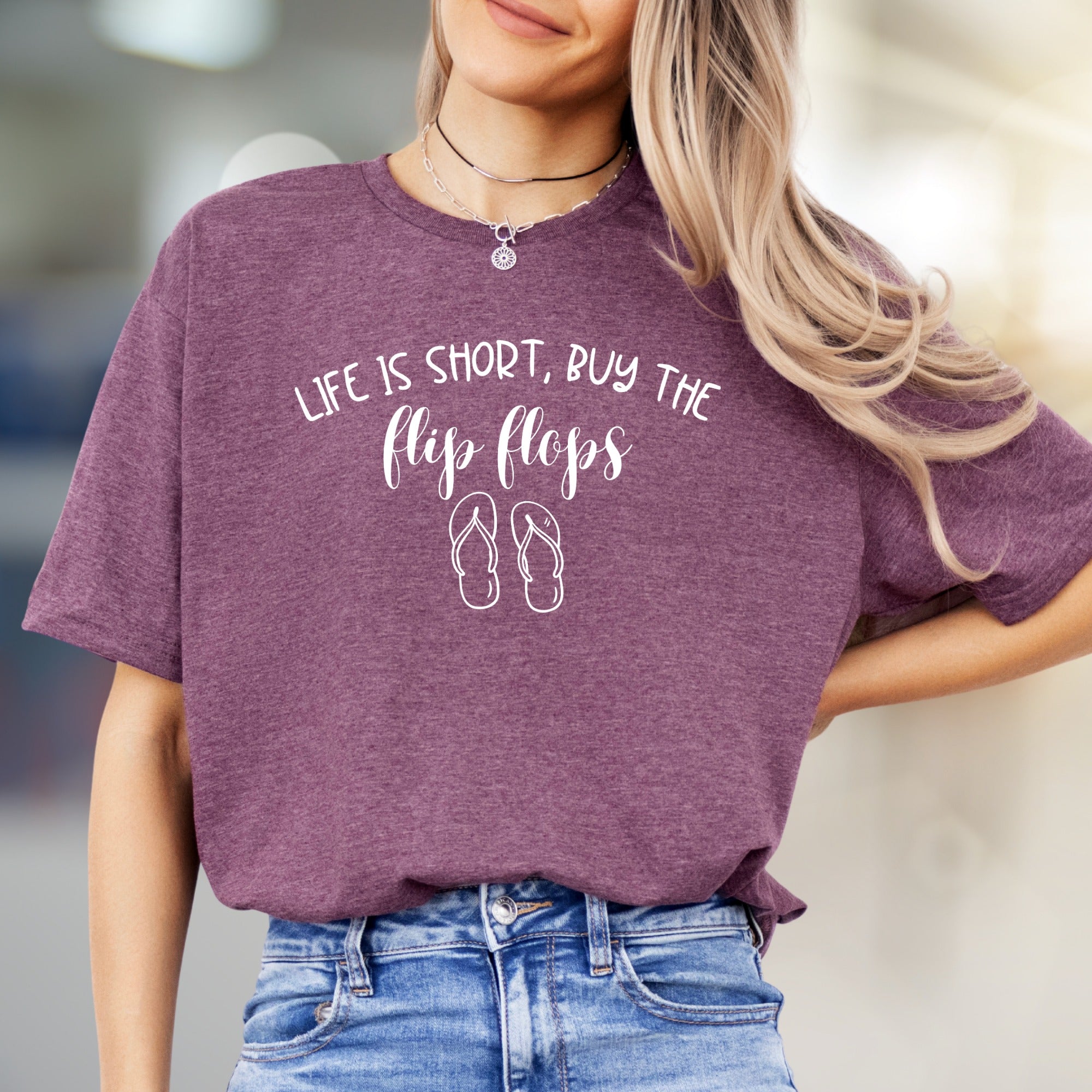 "Life Is Short, Buy The Flip Flops" Summer Vibes Graphic Tee, a Casual Pick for Vacation Lovers