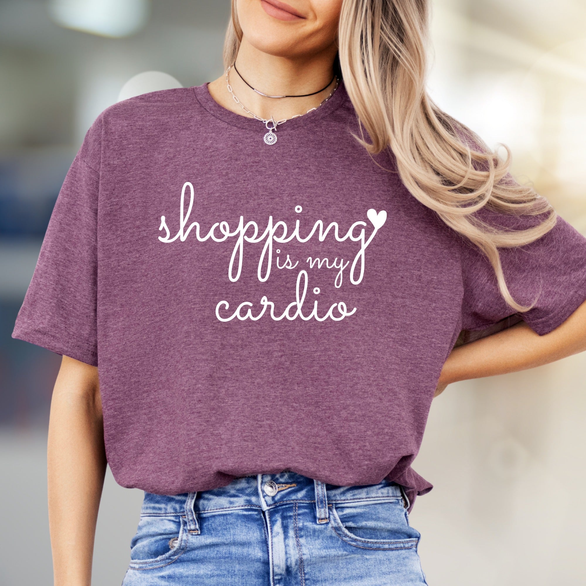 "Shopping is My Cardio" Script Graphic Tee, a Humorous Pick for Fashionistas