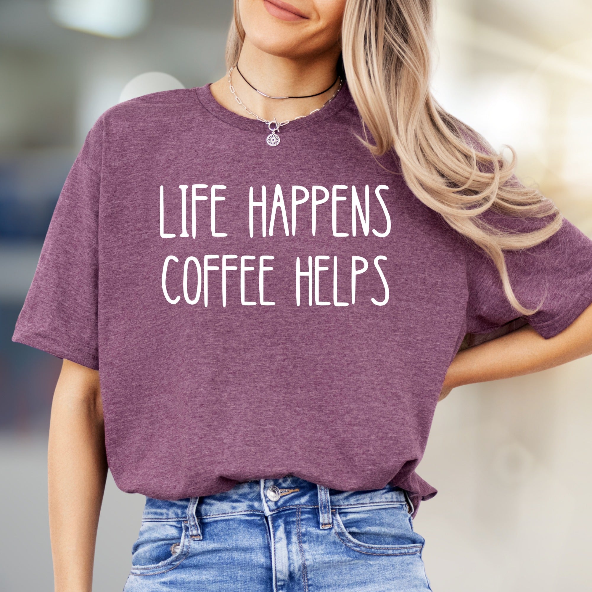 "LIFE HAPPENS COFFEE HELPS" Coffee Lover Graphic Tee, a Humorous Pick for Everyday Wear
