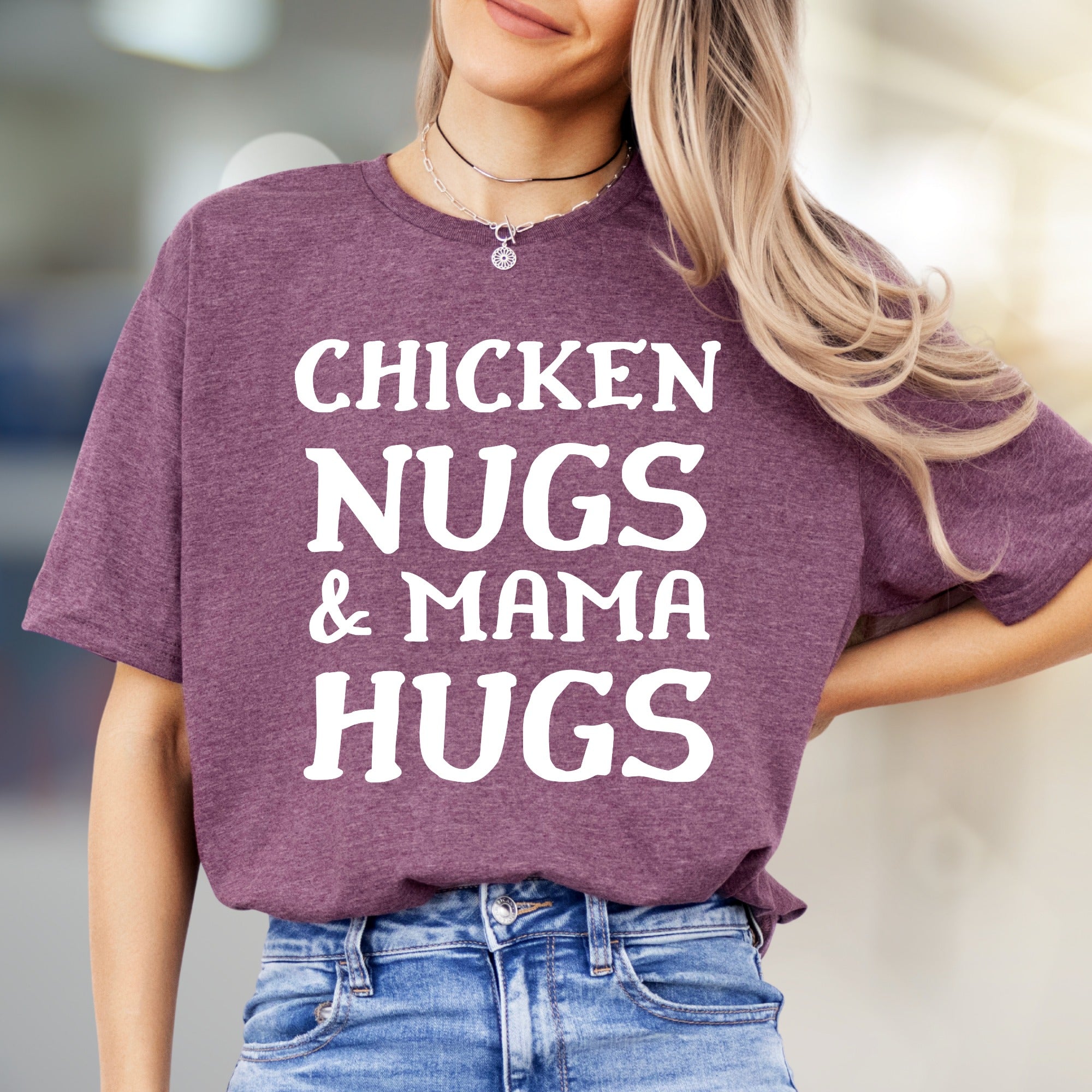 "Chicken Nugs & Mama Hugs" Whimsical Mom Life Graphic Tee, a Comfort-First Choice for Everyday