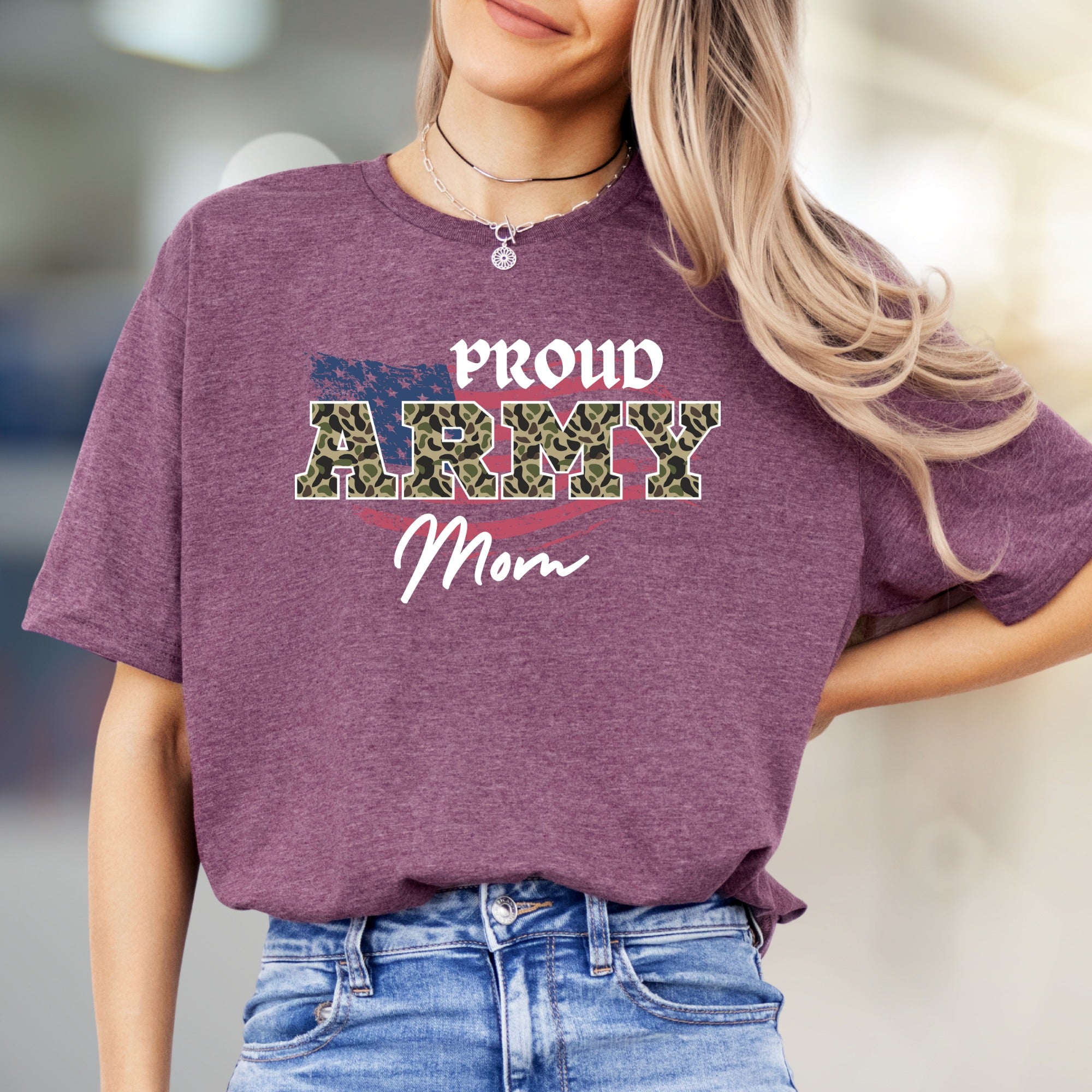 "Proud Army Mom" Flag Camo Graphic Tee, a Patriotic Pick for Military Families