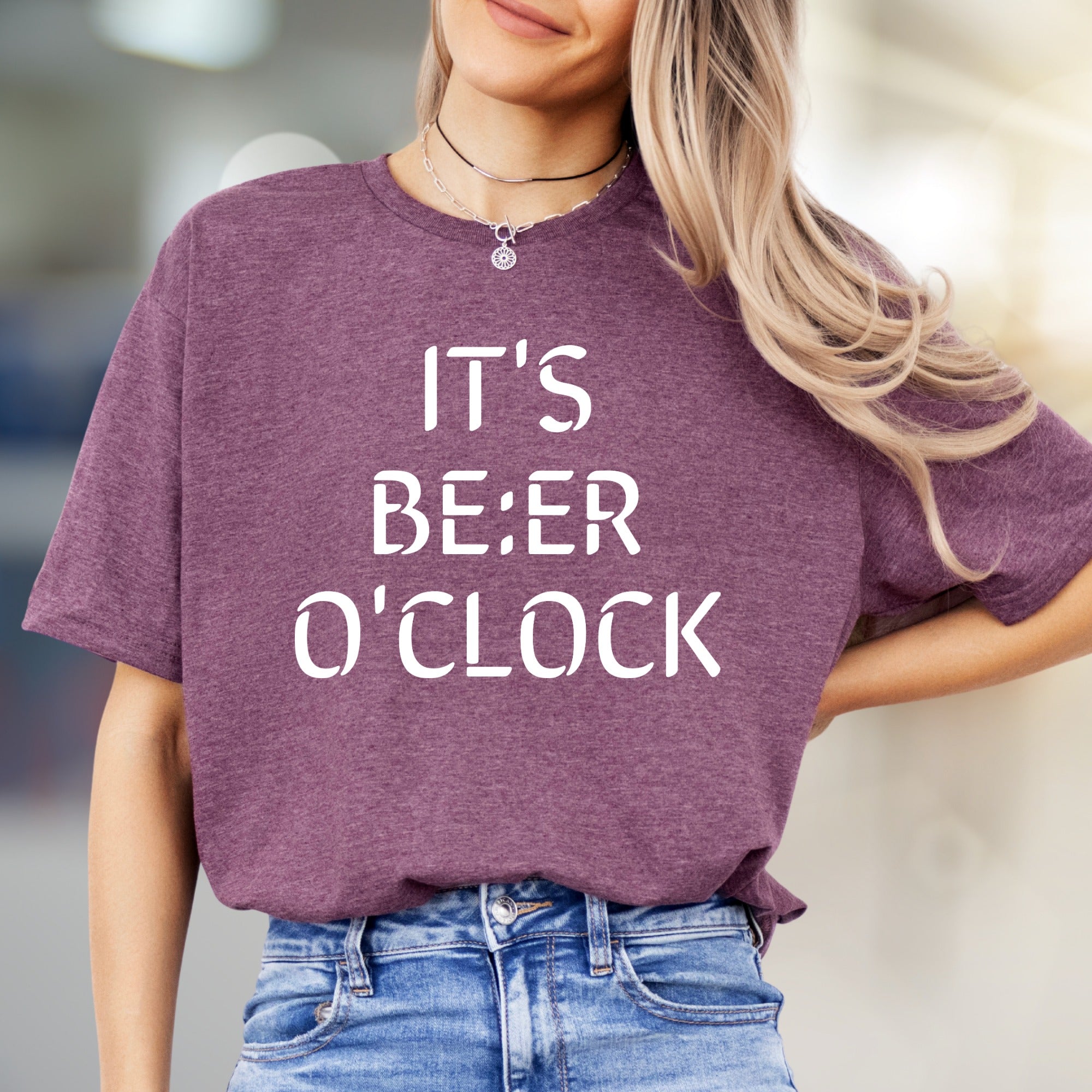 "It's Beer O'Clock" Funny Text Graphic Tee, a Casual Pick for Humor Lovers