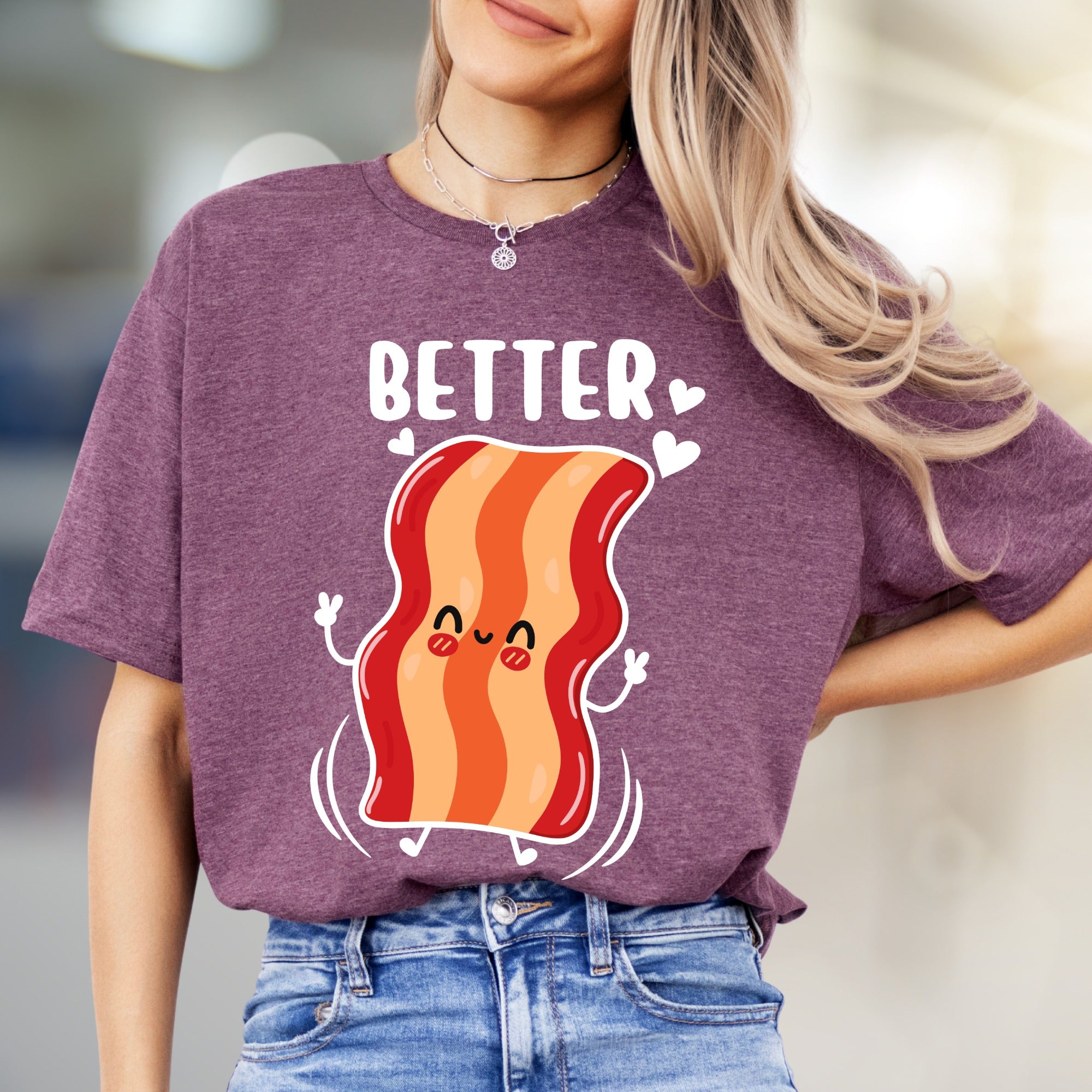 "BETTER" Cute Bacon Jumping Graphic Tee, a Fun Foodie Pick for Couples