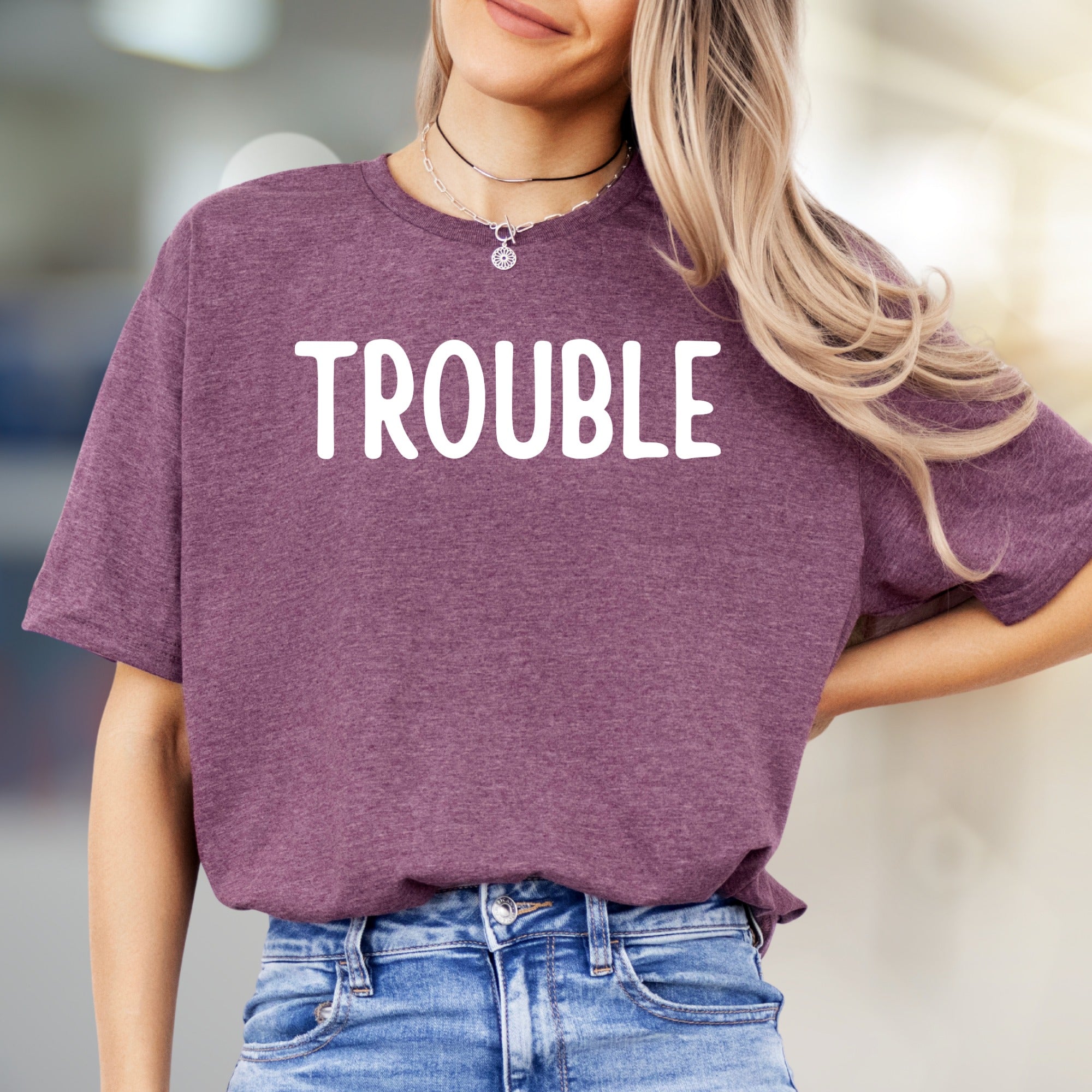 "TROUBLE" Bold Statement Graphic Tee, a Playful Pick for the Confident