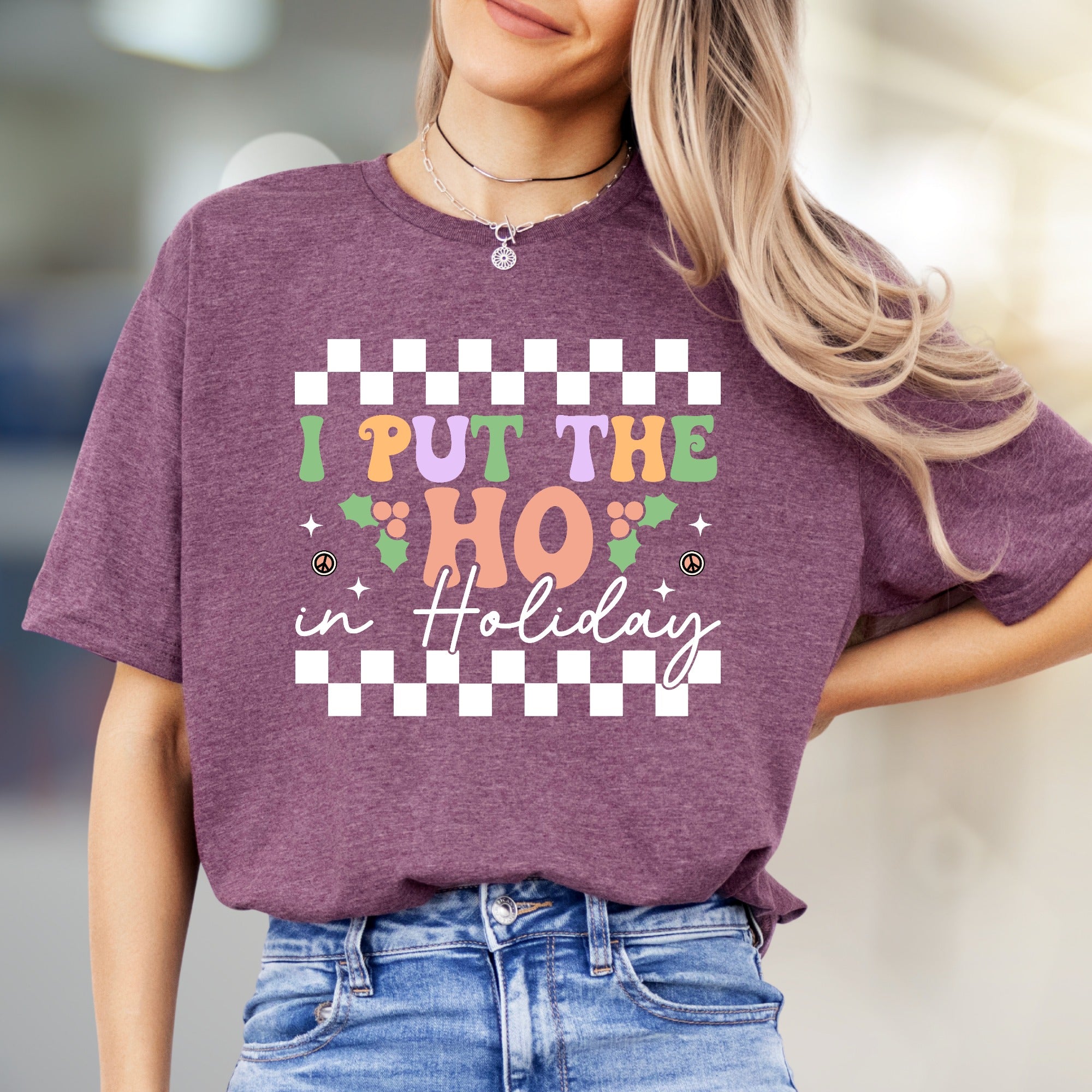 "I Put The HO In Holiday" Retro Checkered Graphic Tee, a Festive Niche for Holiday Enthusiasts