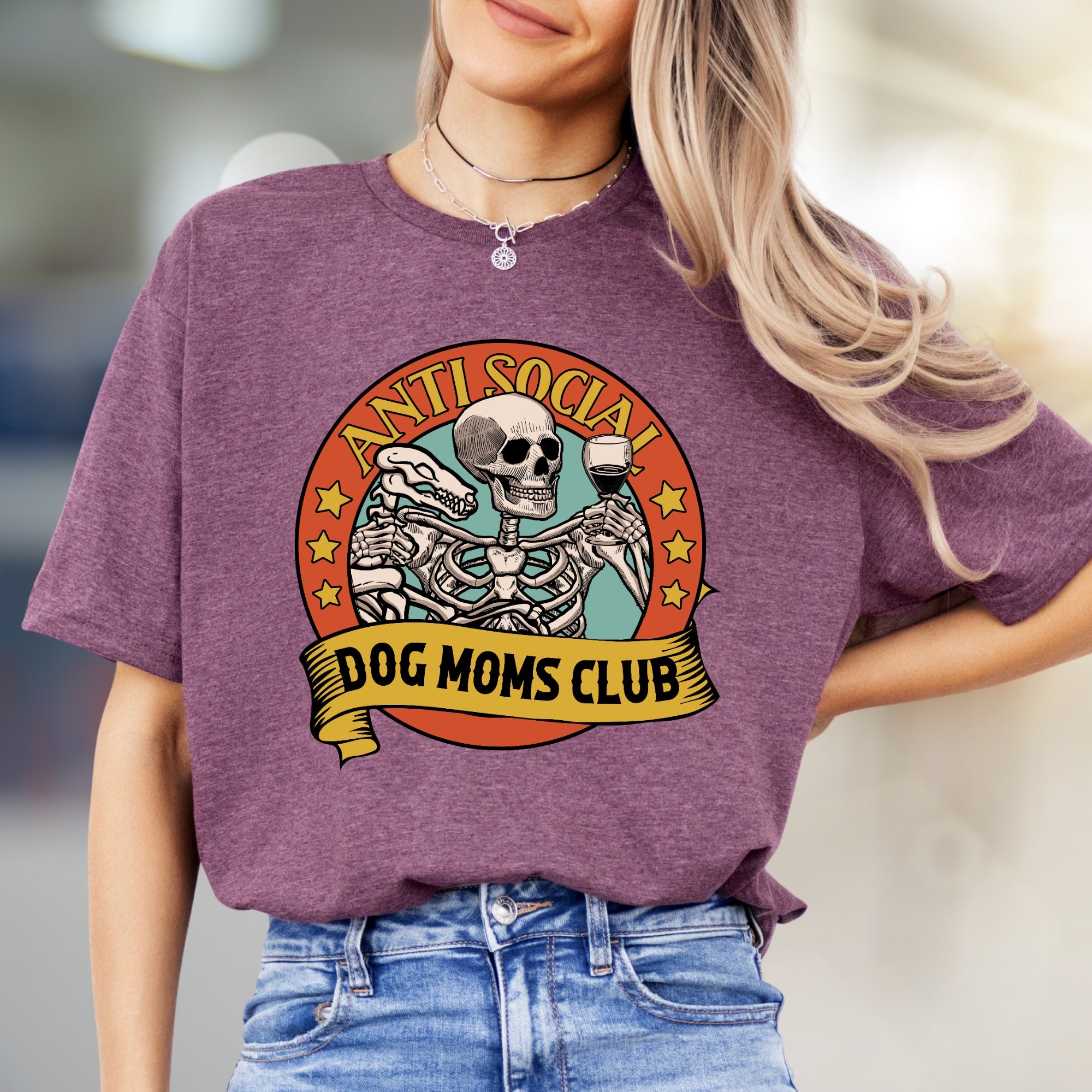 "Anti Social Dog Moms Club" Spooky Dog Mom Graphic Tee, a Humorous Pick for Pet Owners