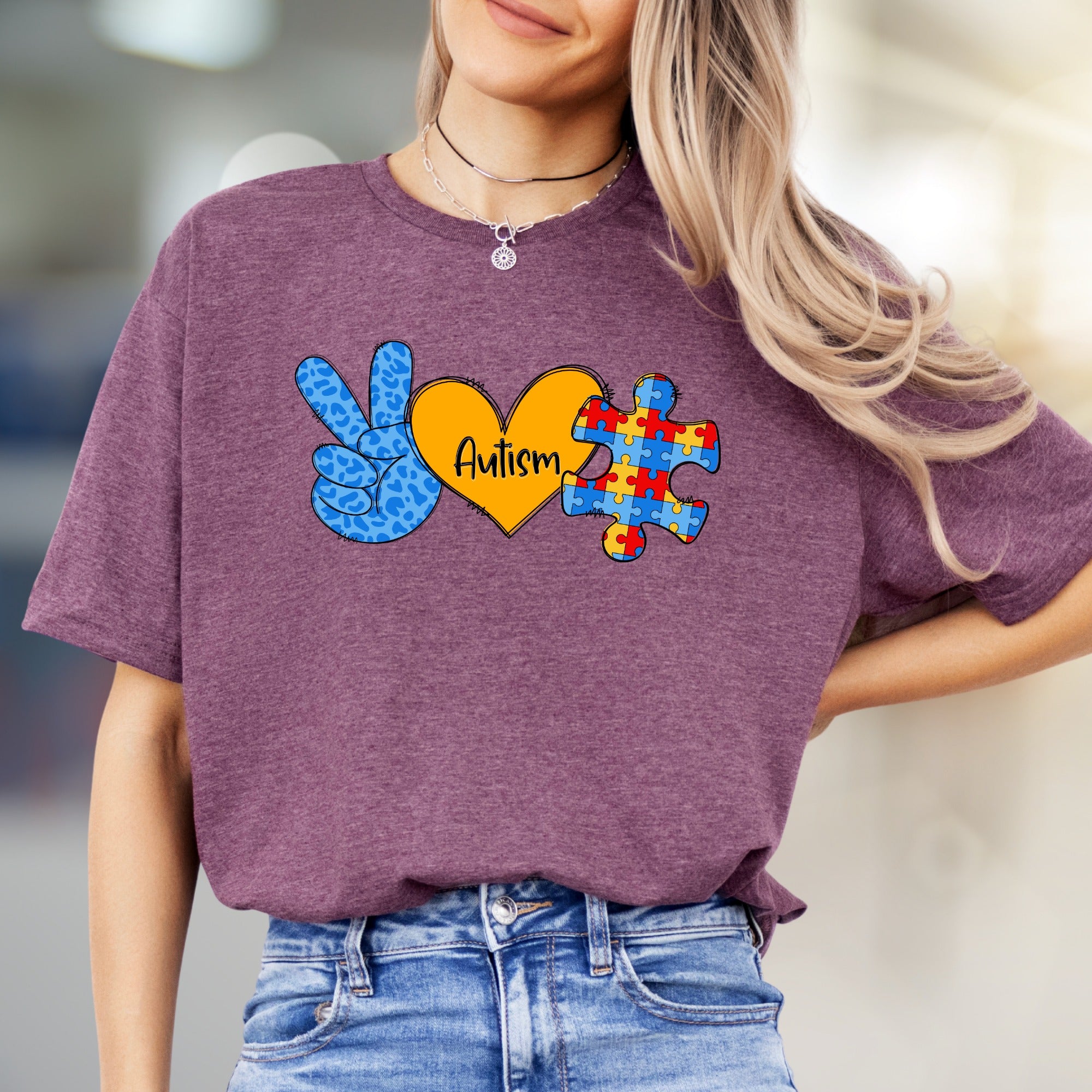 “Autism” Peace, Love & Puzzle Graphic Tee, a Supportive Awareness Pick for Advocates