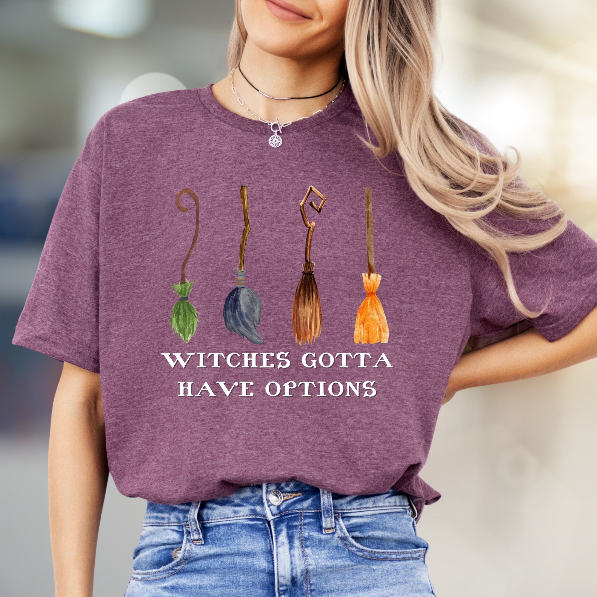 "Witches Gotta Have Options" Halloween Broomstick Graphic Unisex Tee, a Witchy Pick for Spooky Season Enthusiasts