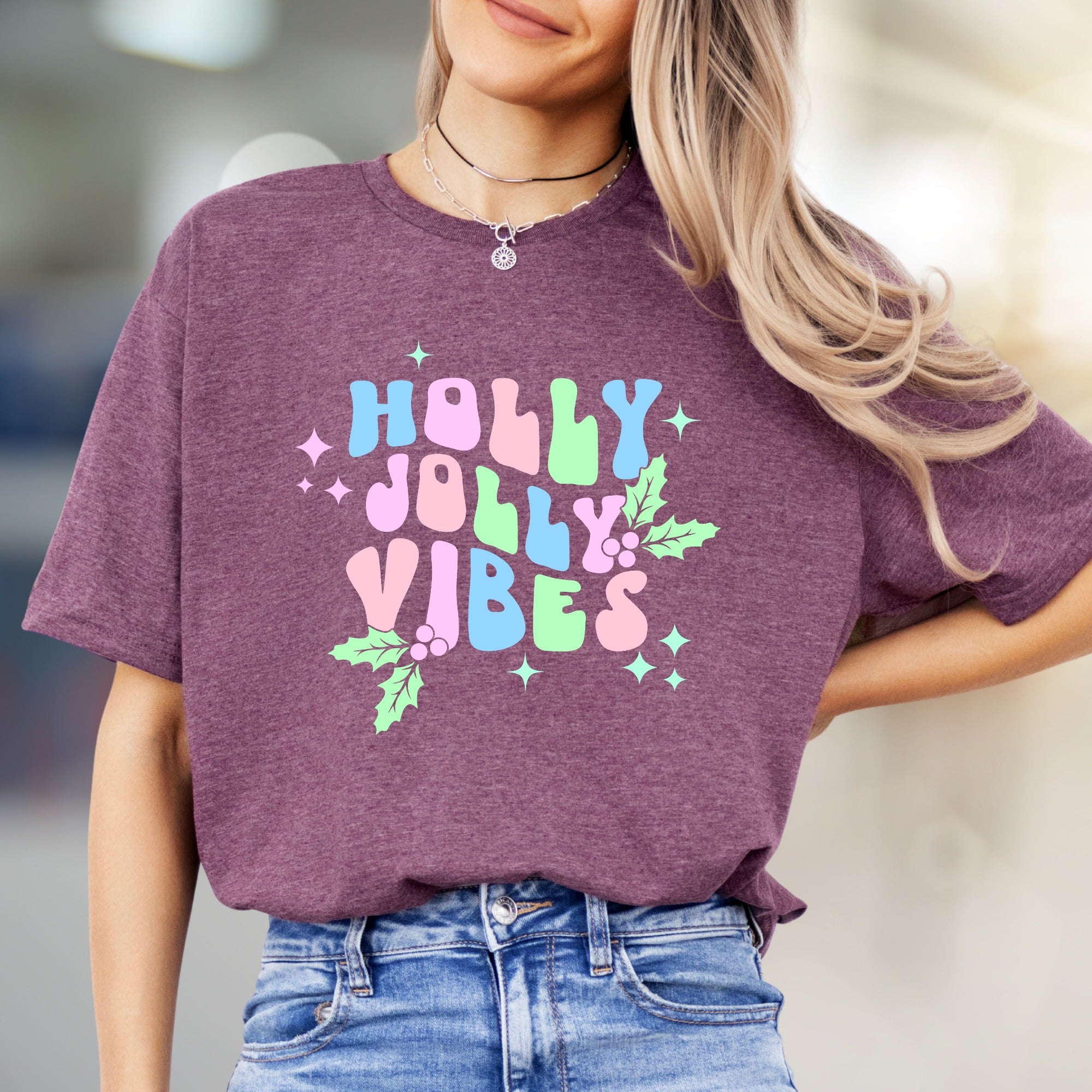 "Holly Jolly Vibes" Retro Christmas Graphic Tee, a Festive Niche Pick for Holiday Enthusiasts
