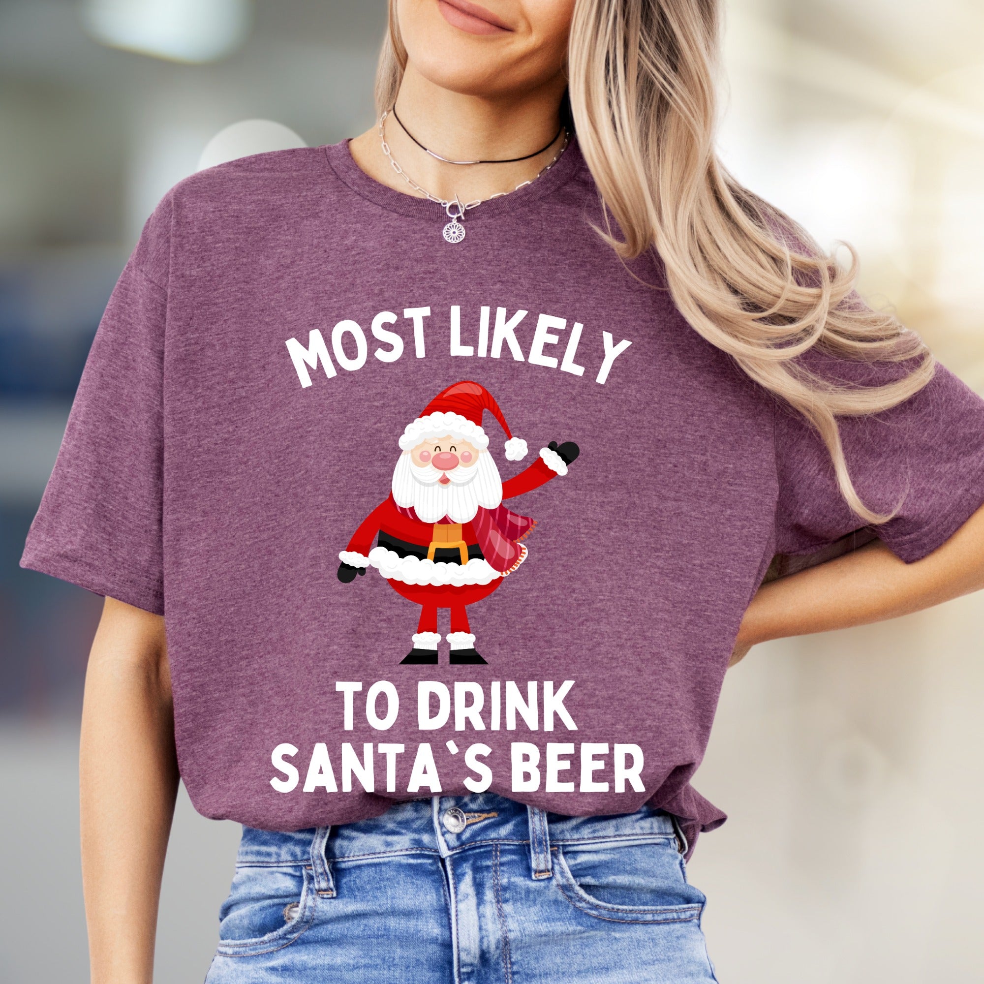 Most Likely To Drink Santa's Beer Funny Christmas Graphic Tee, a Holiday Humor Pick for Festive Adults