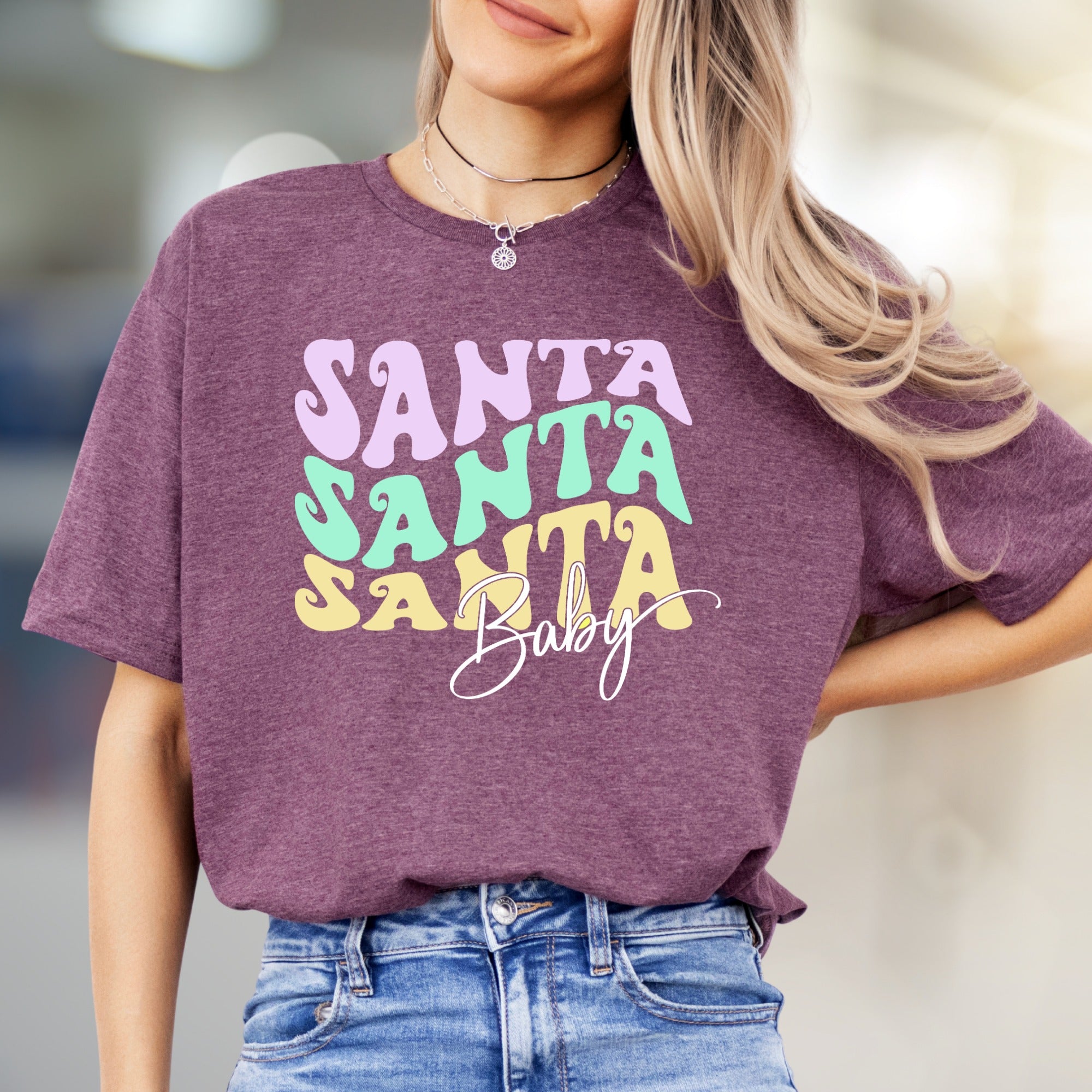 "SANTA SANTA SANTA Baby" Retro Christmas Graphic Tee, a Festive Niche for Holiday Enthusiasts