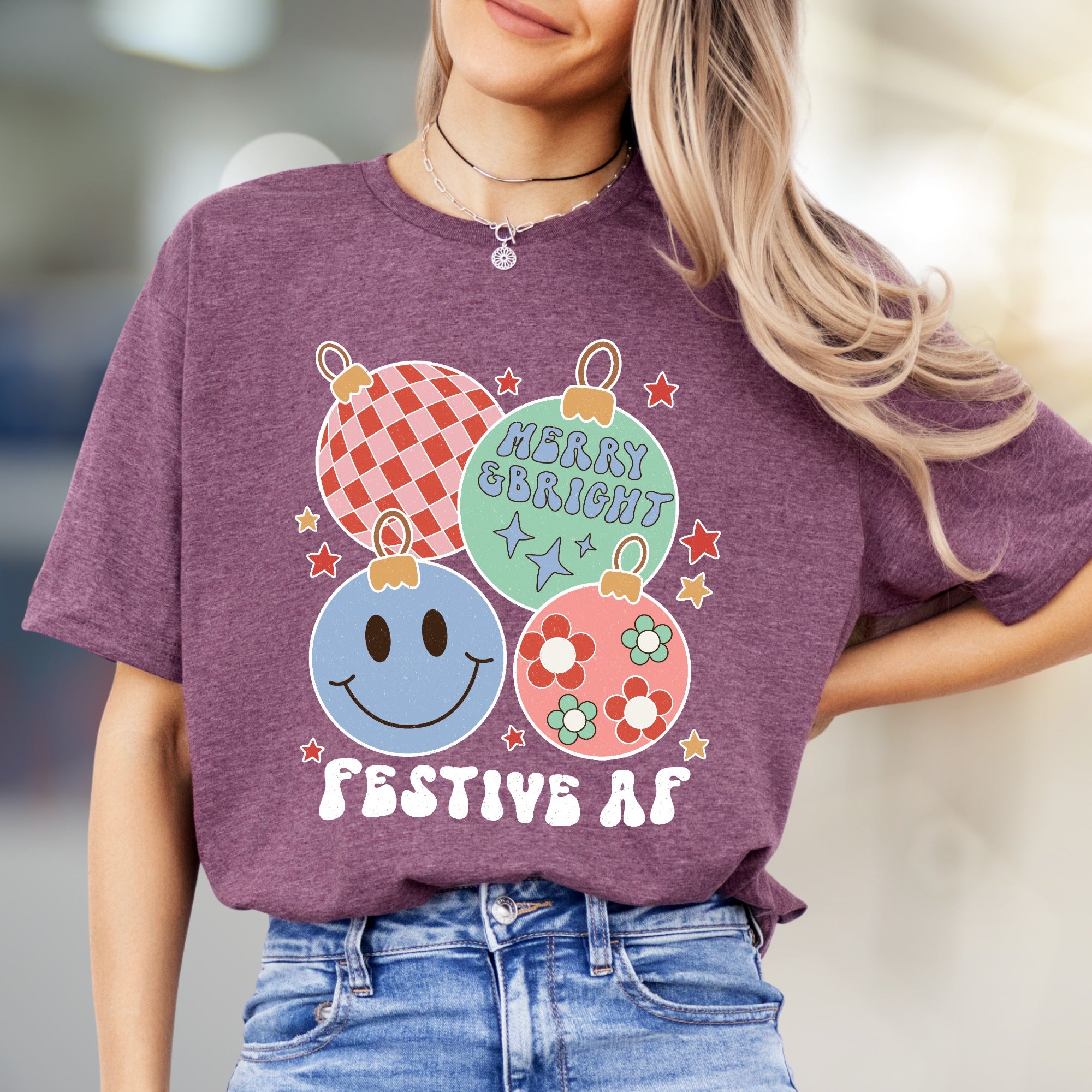 "Festive AF" Retro Holiday Ornaments Tee, a Groovy Christmas Pick for Everyone