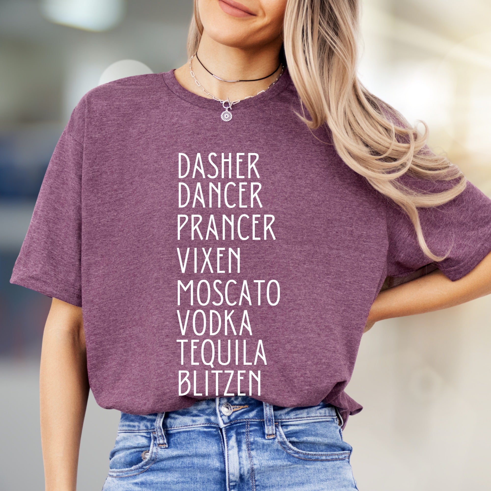 "Dasher, Dancer, Moscato & Blitzen" Christmas Party Graphic Tee, a Festive Naughty & Nice Pick for Holiday Enthusiasts