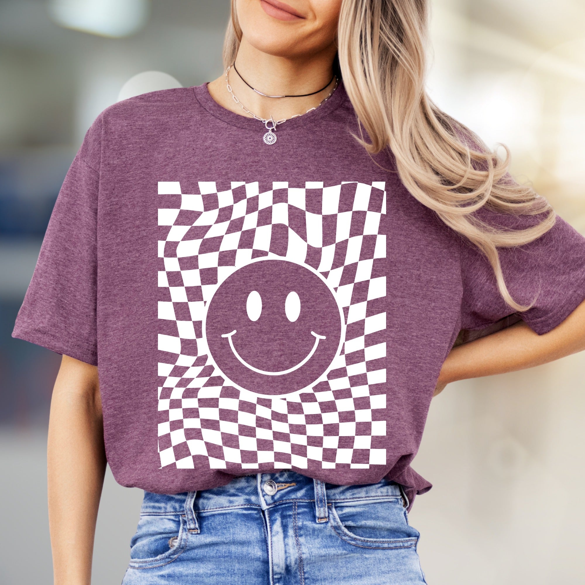 Warped Checkerboard Smiley Graphic Tee, A Retro-Inspired Pick for Free Spirits