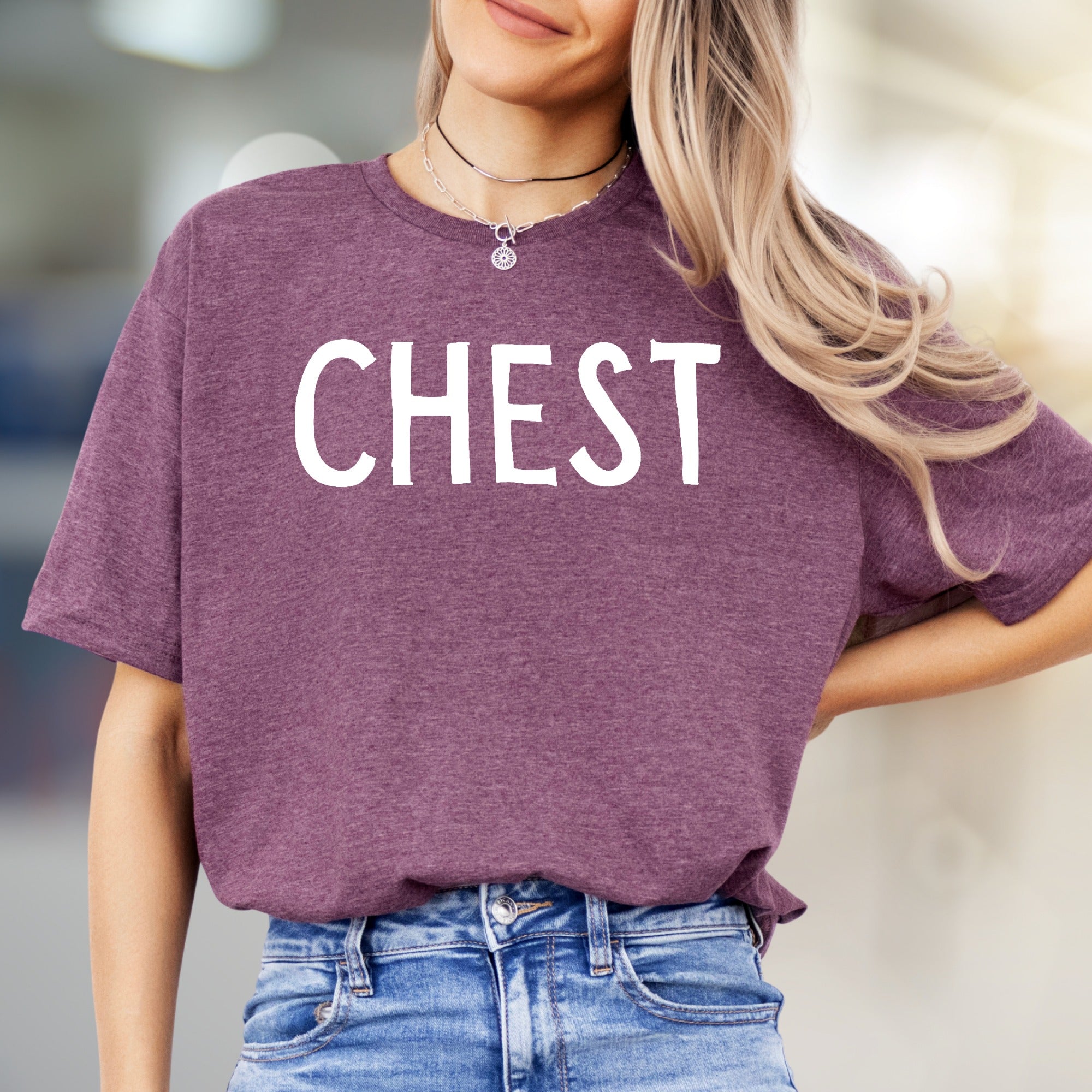 “CHEST” Funny Sarcastic Graphic Tee, A Humorous Pick for Gym Enthusiasts
