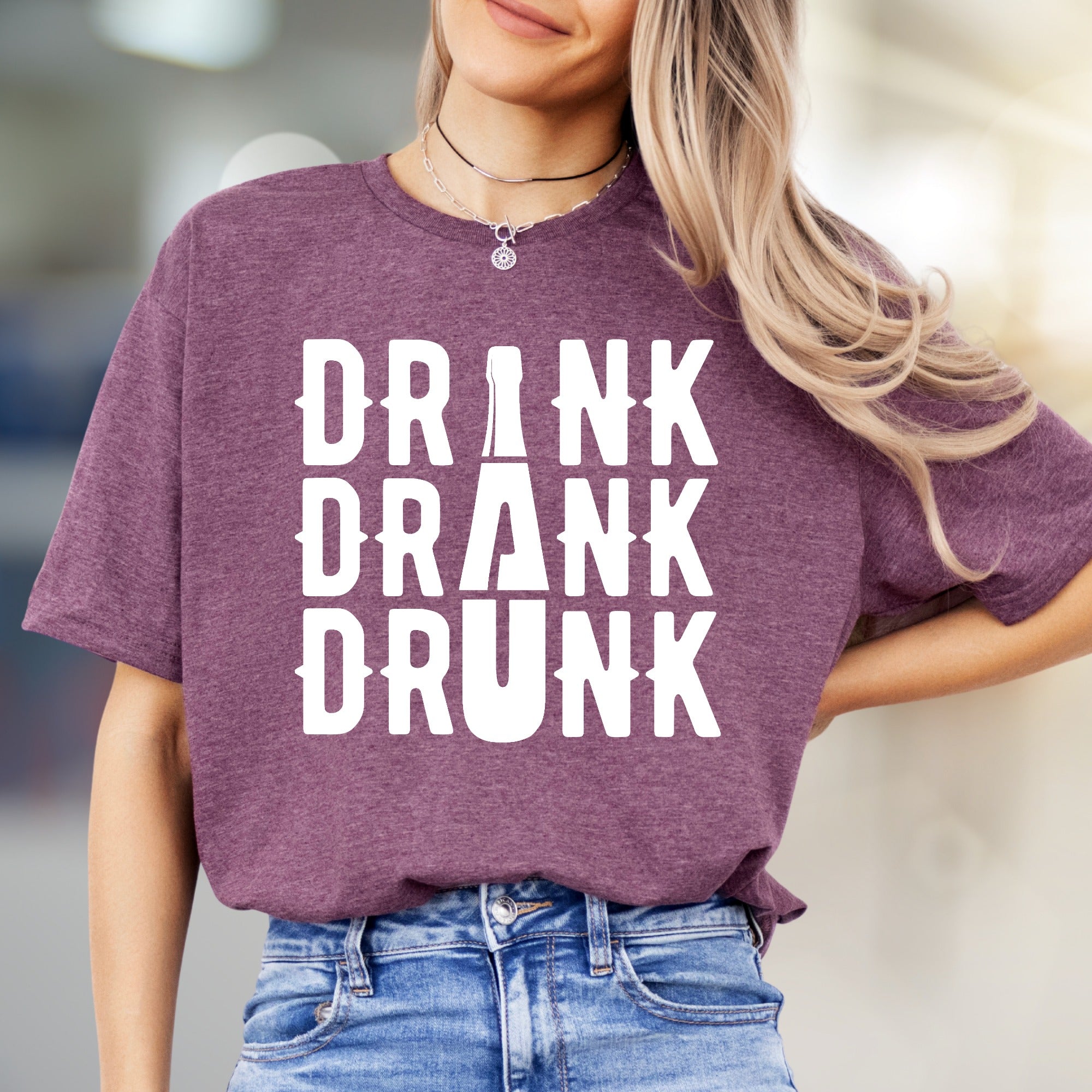 "DRINK DRANK DRUNK" Bar Night Graphic Tee, a Funny Party Pick for Revelers