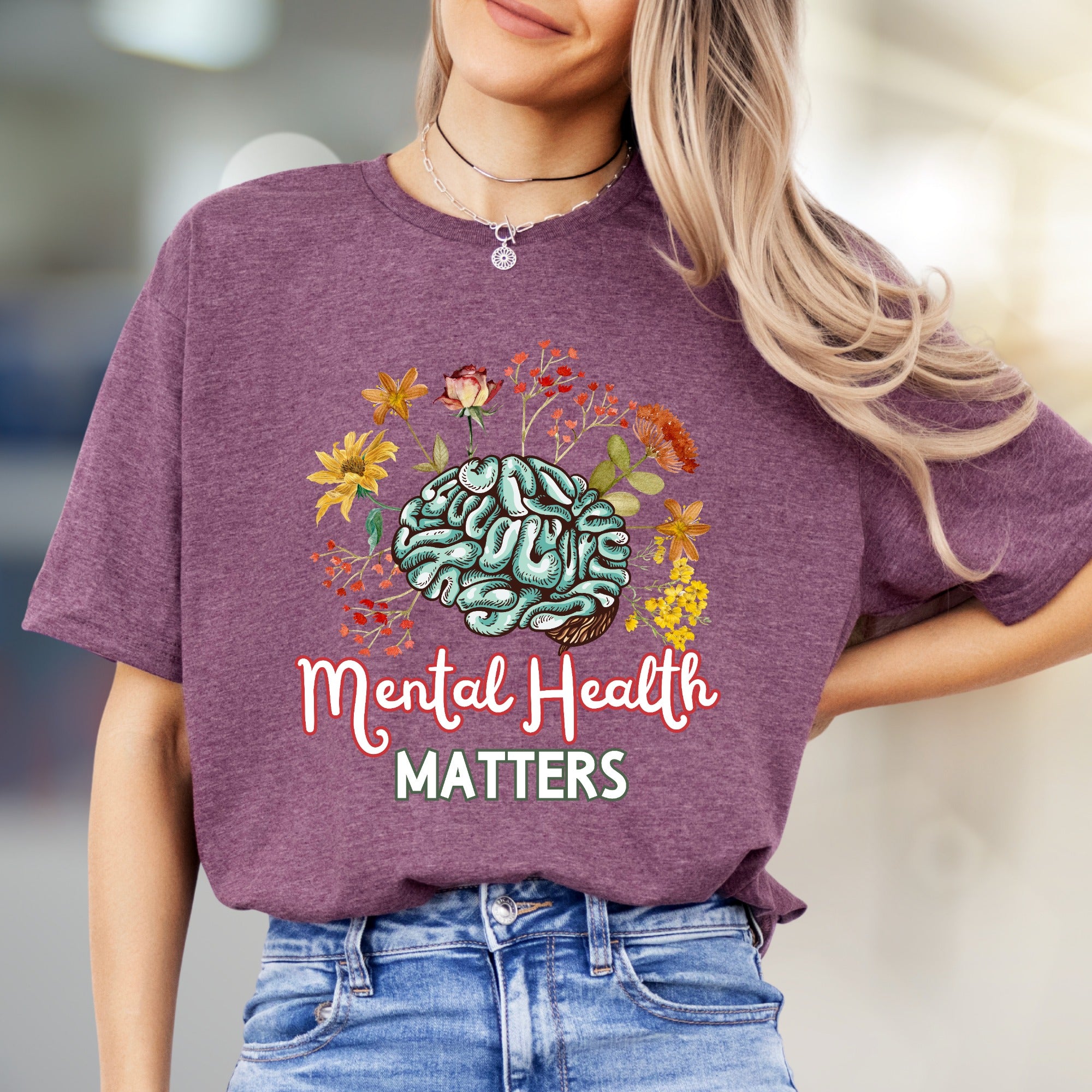 "Mental Health Matters" Floral Brain Graphic Tee, a Wellness Pick for Advocates