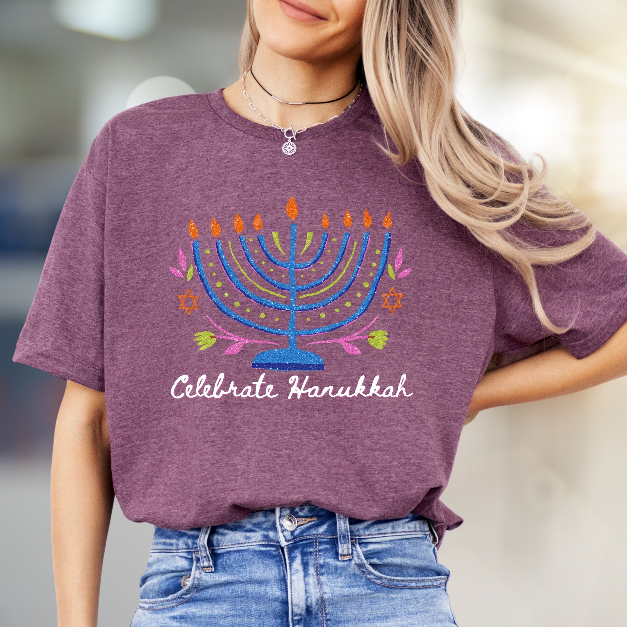 "Celebrate Hanukkah" Vibrant Menorah Graphic Tee, a Festive Holiday Pick for Enthusiasts