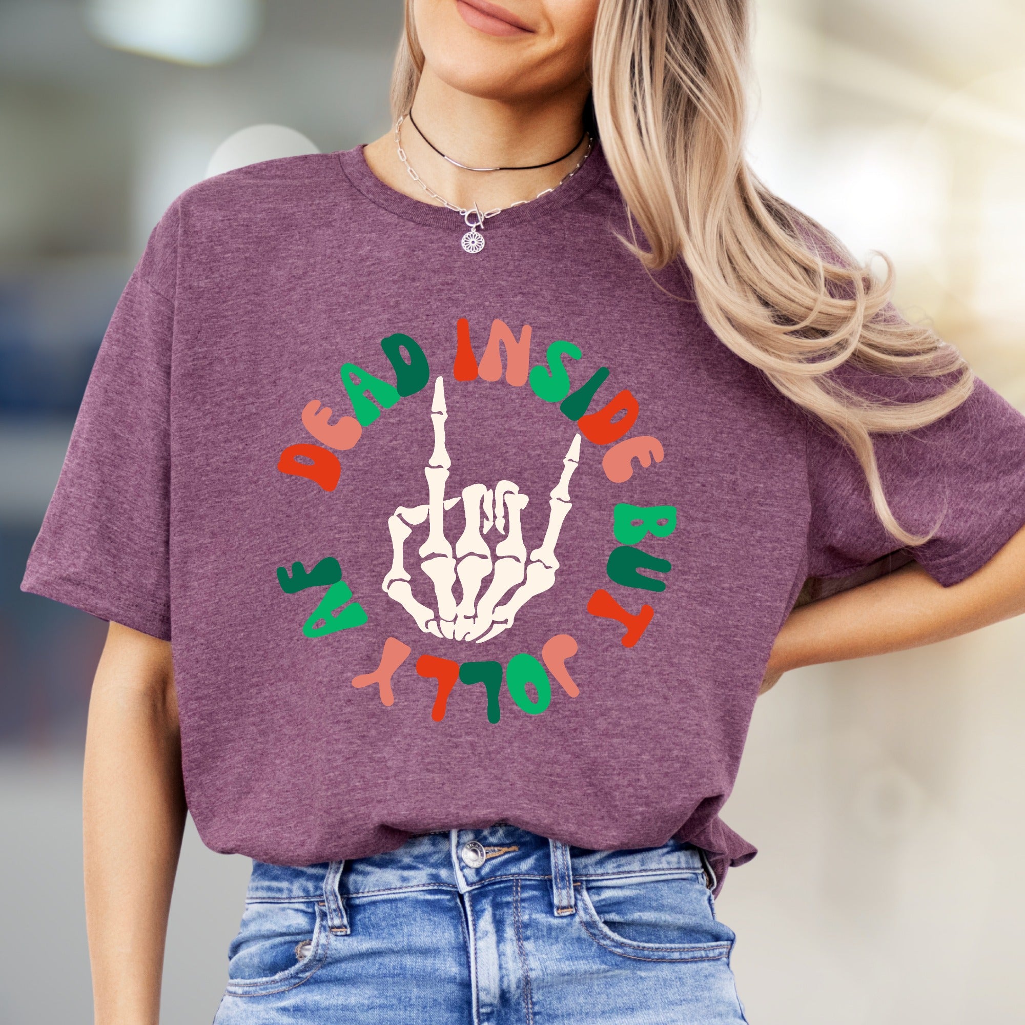 "Dead Inside But Jolly AF" Christmas Skeleton Graphic Tee, a Witty Holiday Pick for Festive Souls