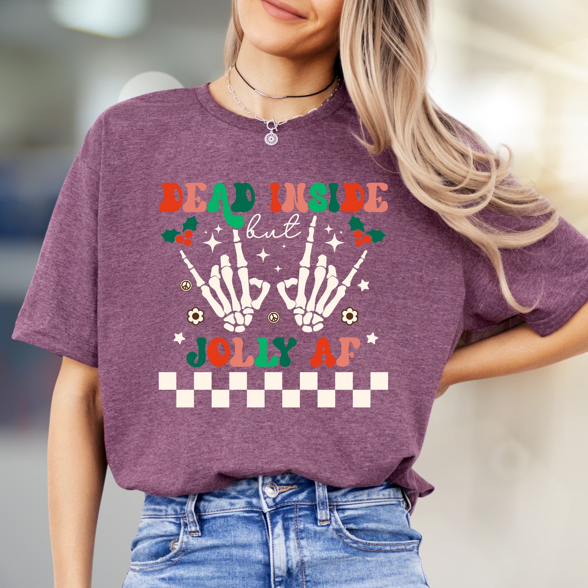 "Dead Inside But Jolly AF" Christmas Skeleton Graphic Tee, A Humorous Holiday Pick for Festive Vibes