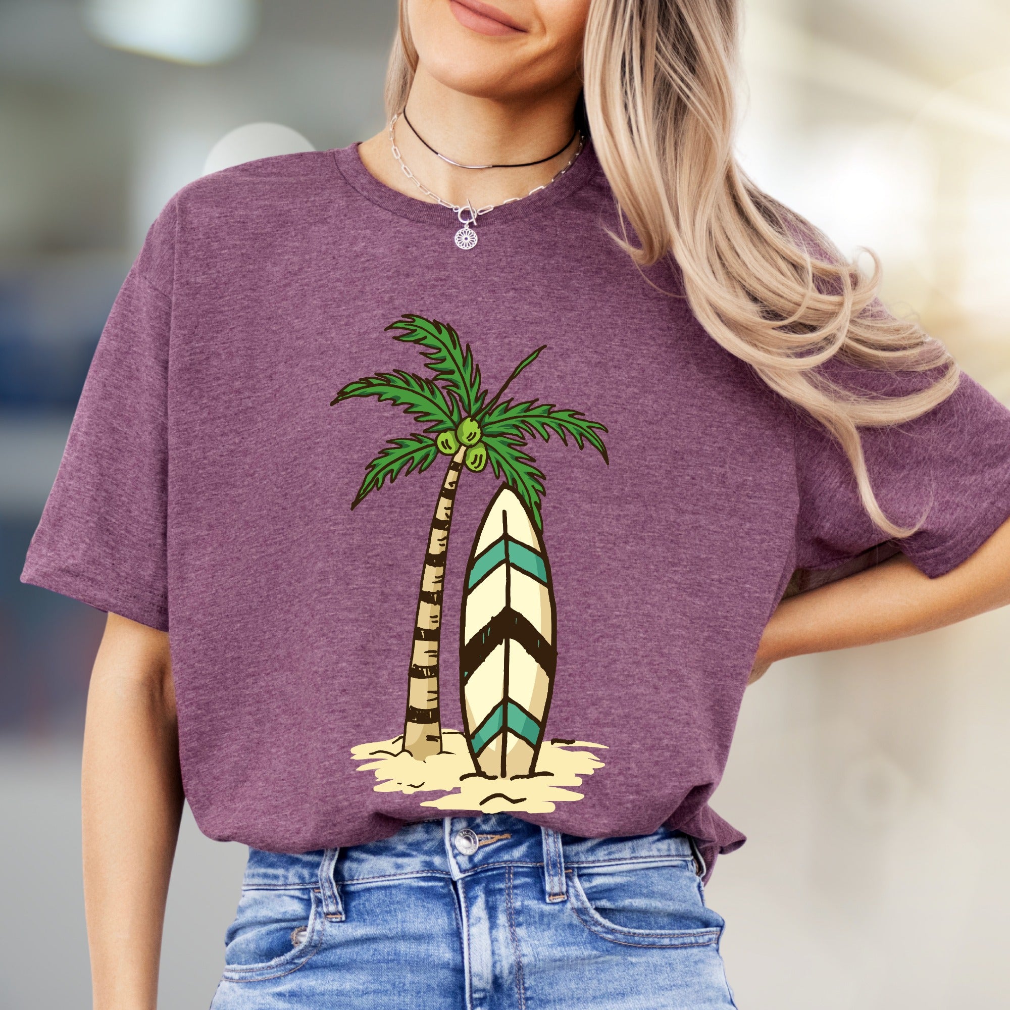 Palm Tree Surfboard Island Zen Graphic Tee, A Tropical Escape for Beach Lovers