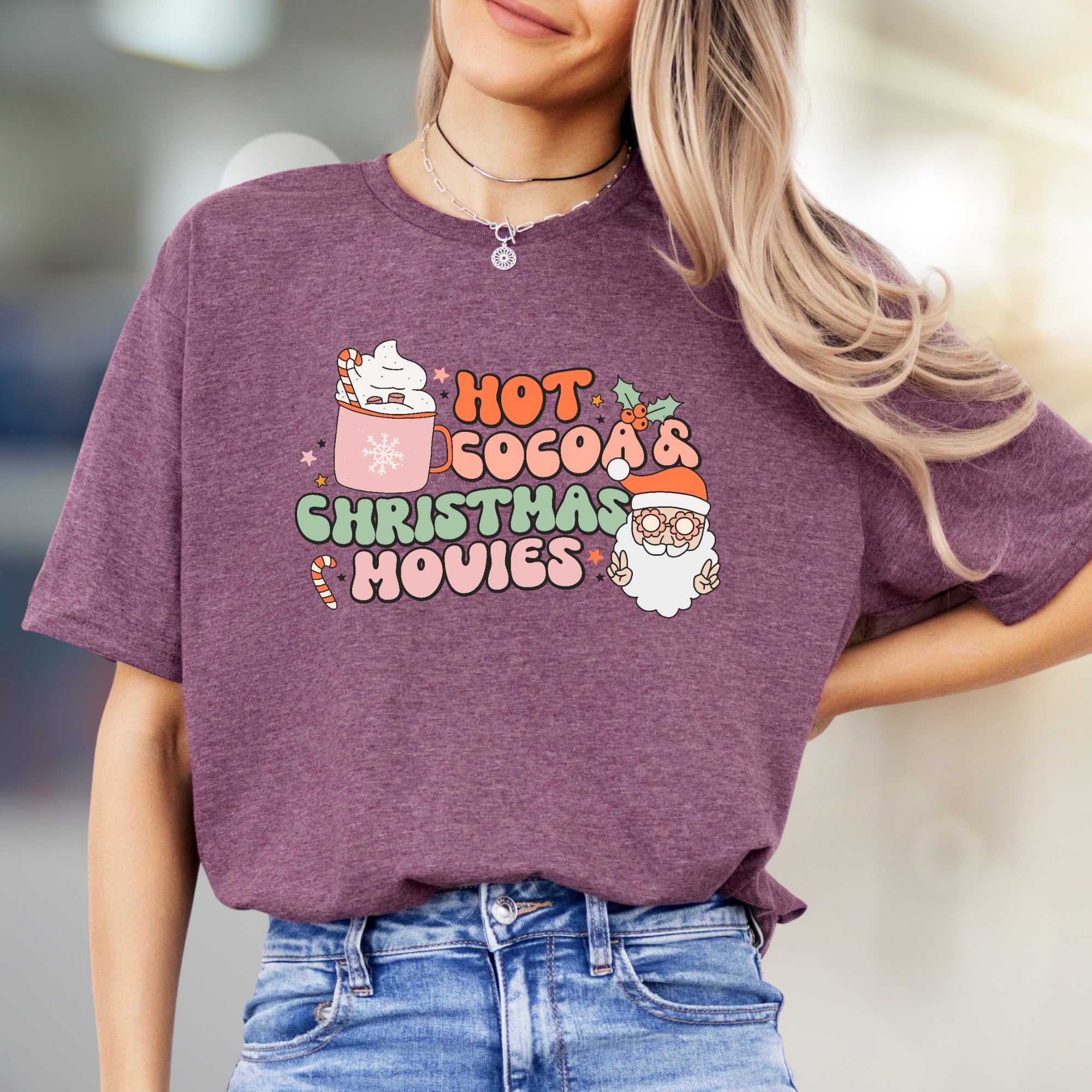 "Hot Cocoa & Christmas Movies" Retro Graphic Tee, a Festive Comfort Pick for Holiday Enthusiasts