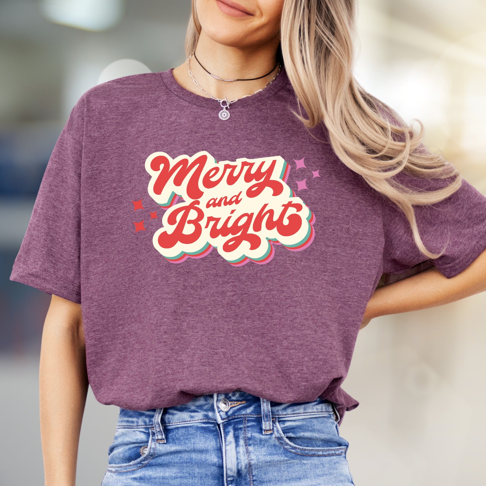 "Merry and Bright" Retro Holiday Graphic Tee, a Festive Pick for Joyful Souls