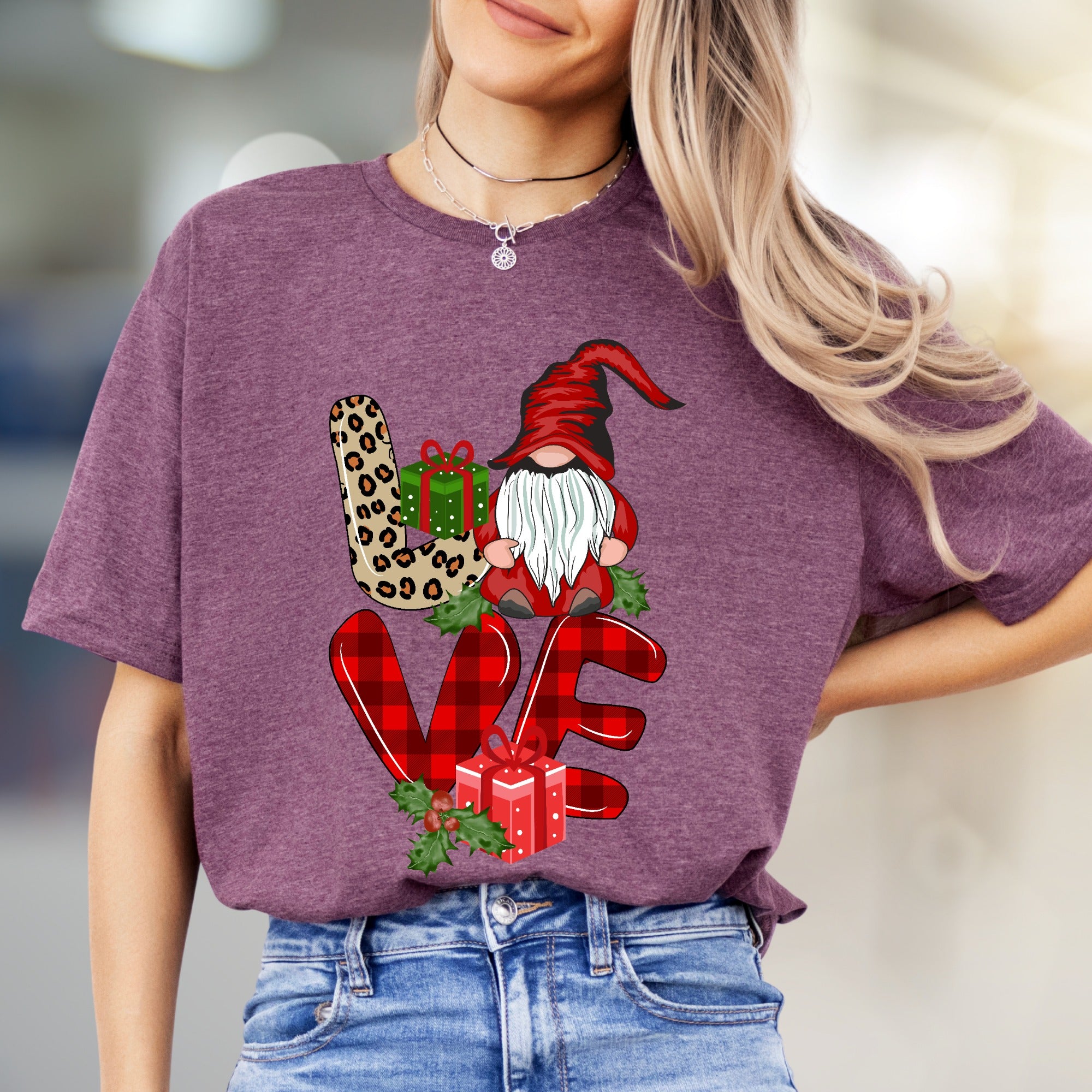 "LOVE" Gnome Leopard Plaid Graphic Tee, a Festive Holiday Gift for Her
