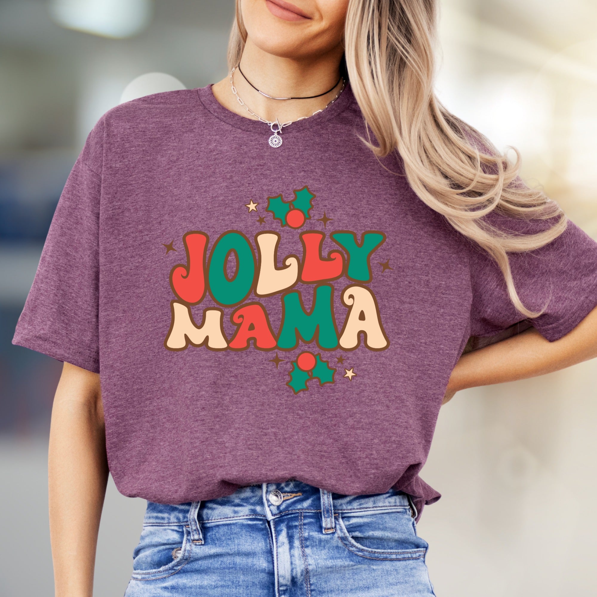 "Jolly Mama" Retro Christmas Graphic Tee, a Festive Pick for Merry Moms