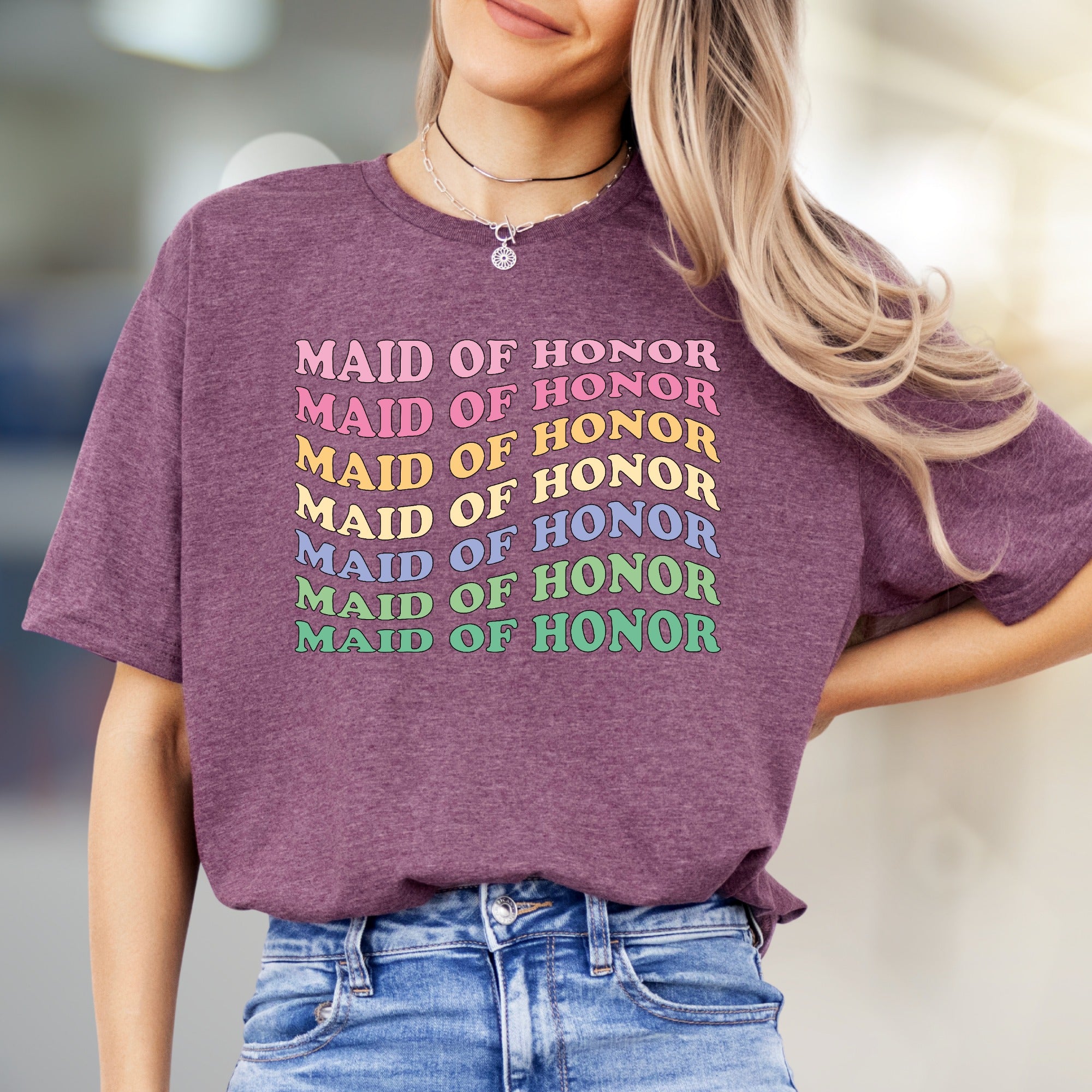"Maid of Honor" Rainbow Retro Graphic Tee, a Bridal Party Pick for Her